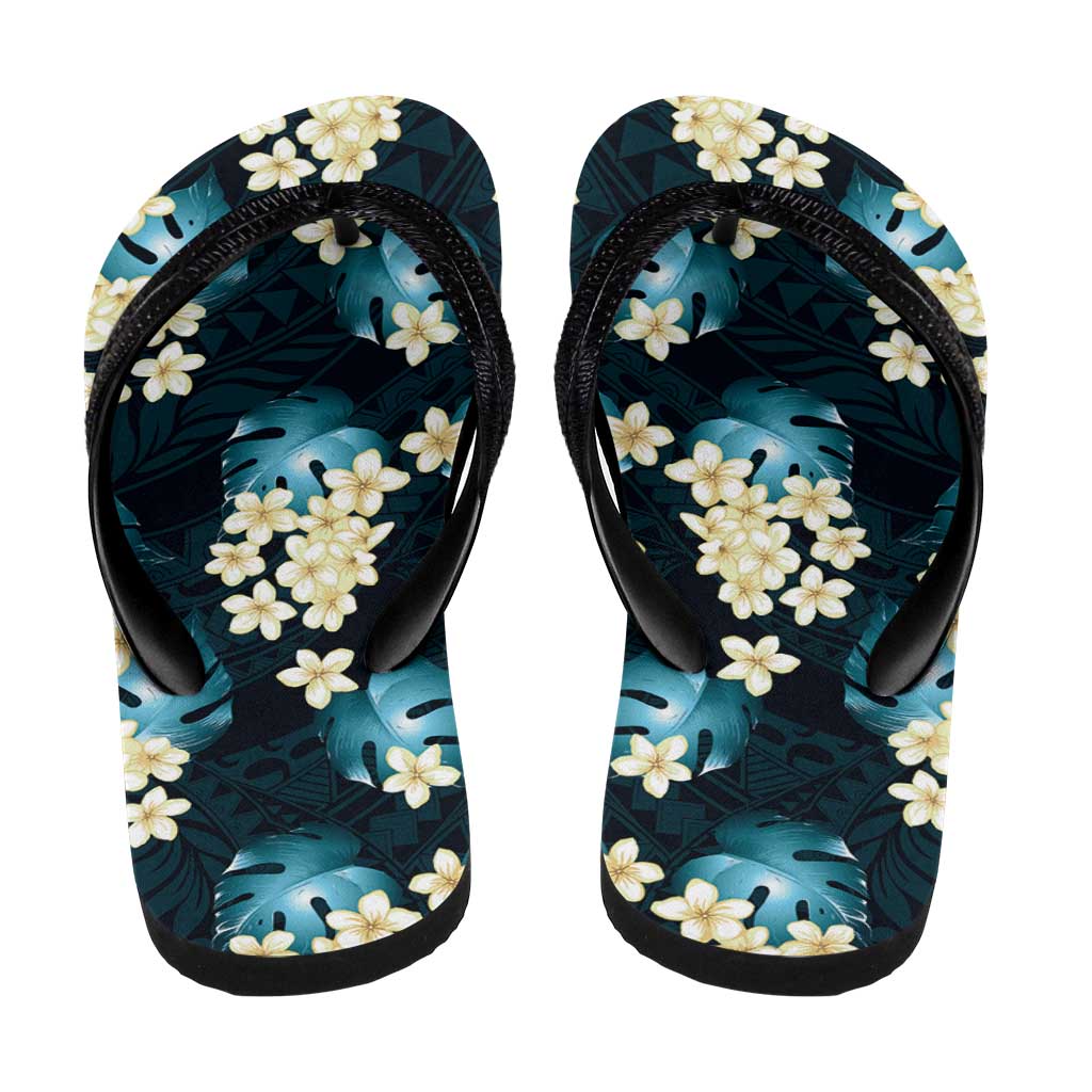 Dark Cyan Tropical Hawaii Flip Flops Seamless Monstera Plumeria Hawaiian Pattern - Polynesian Pride