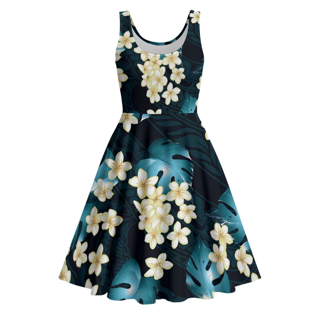Dark Cyan Tropical Hawaii Midi Dress Seamless Monstera Plumeria Hawaiian Pattern - Polynesian Pride
