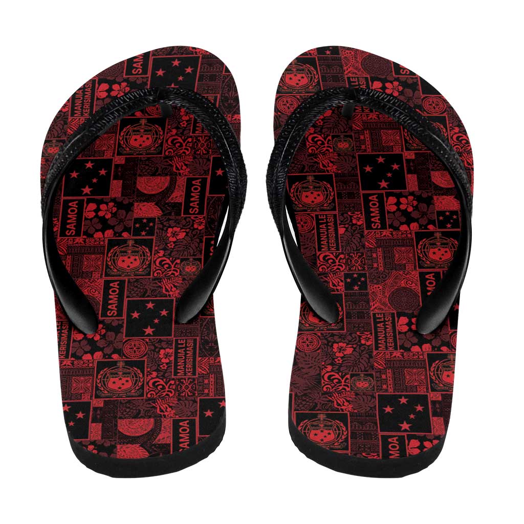 Dark Samoa Manuia Le Kerisimasi Flip Flops Pacific Patchwork Xmas Vibes - Polynesian Pride