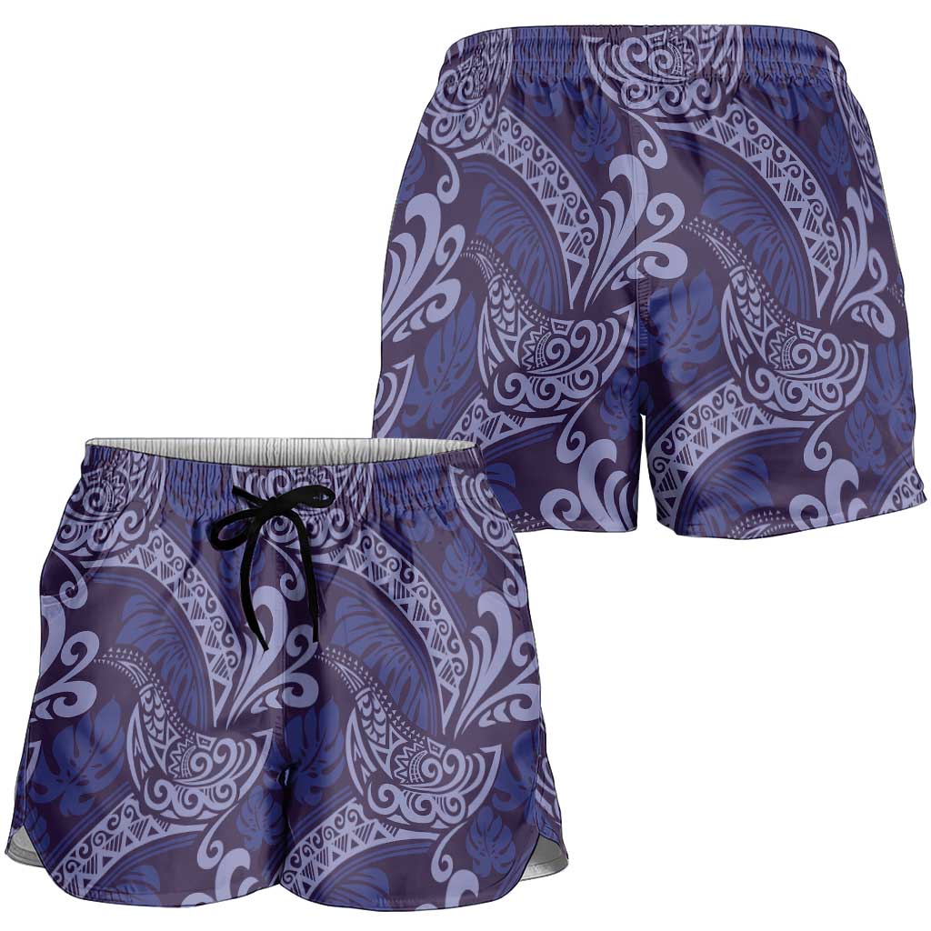 Deep Blue Monstera Shorts for Women Polynesian Tribal Pattern - Polynesian Pride