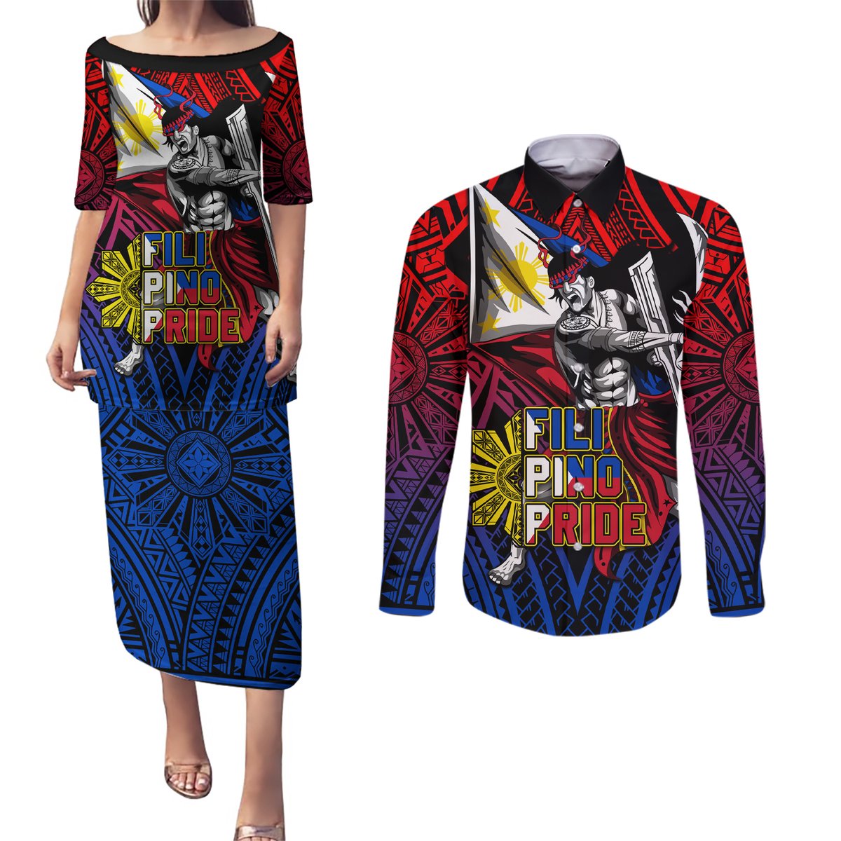 Filipinos Lapu-lapu Hero Couples Matching Puletasi Dress and Long Sleeve Button Shirt Philippines Flag and Sun DT02 Art - Polynesian Pride