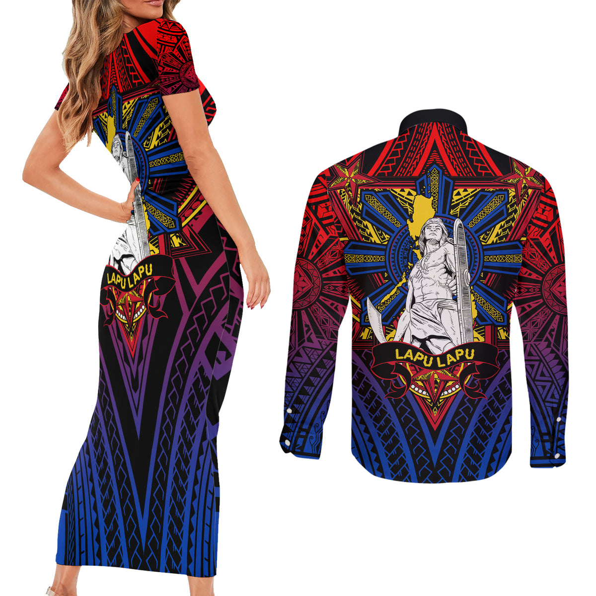 Filipinos Lapu-lapu Hero Couples Matching Short Sleeve Bodycon Dress and Long Sleeve Button Shirt Philippines Flag and Sun DT02 - Polynesian Pride
