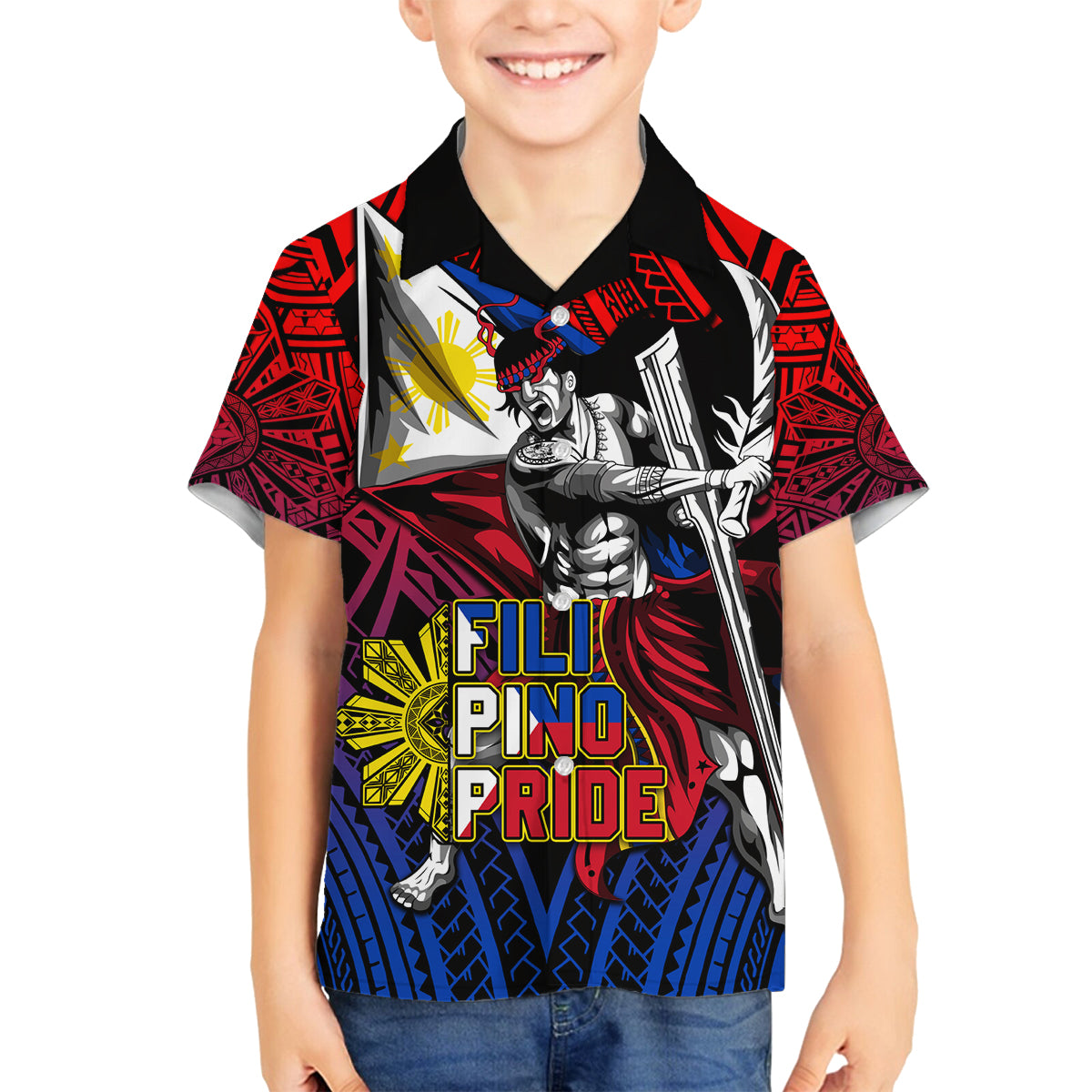 Filipinos Lapu-lapu Hero Family Matching Off Shoulder Long Sleeve Dress and Hawaiian Shirt Philippines Flag and Sun DT02 Son's Shirt Art - Polynesian Pride