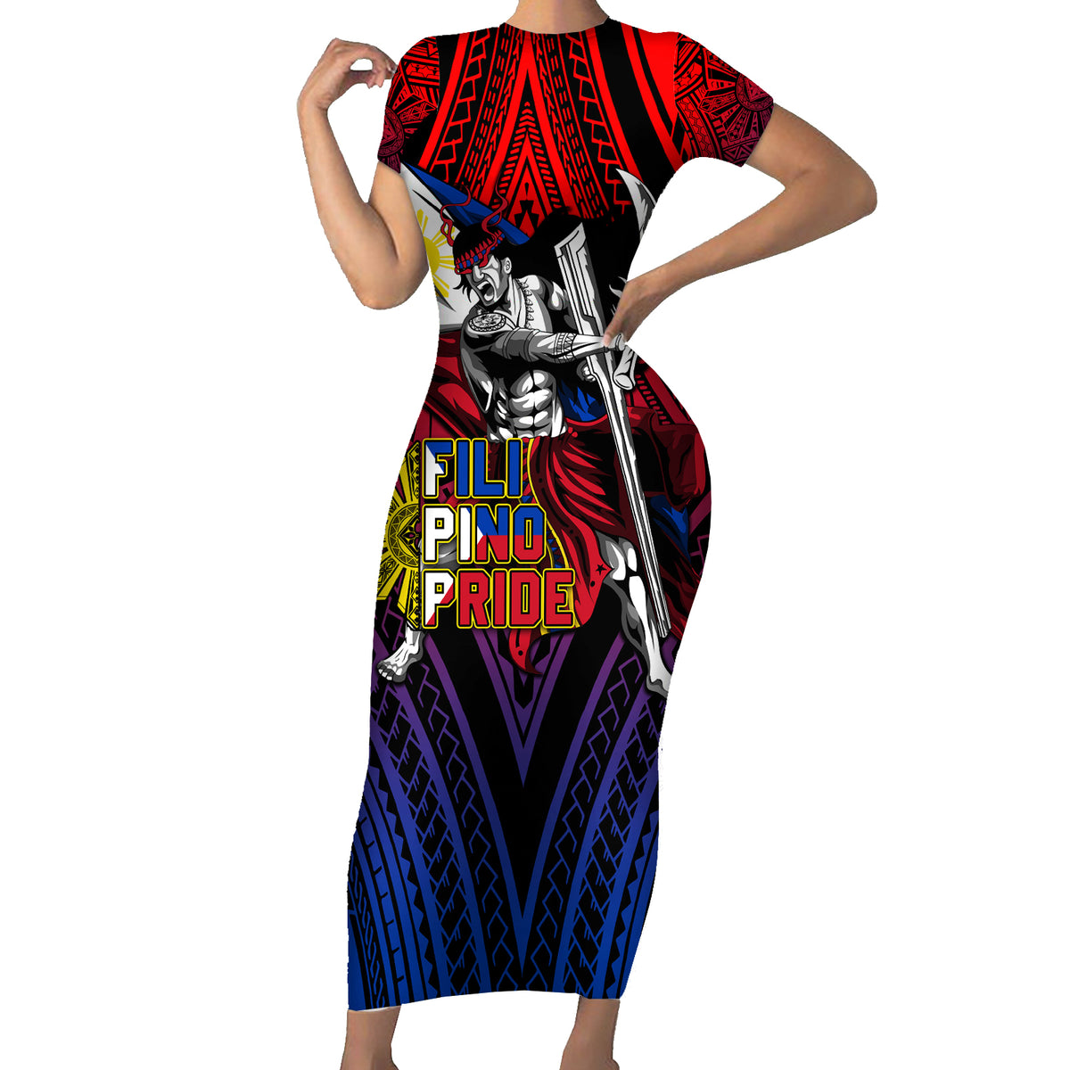 Filipinos Lapu-lapu Hero Short Sleeve Bodycon Dress Philippines Flag and Sun DT02 Long Dress Art - Polynesian Pride