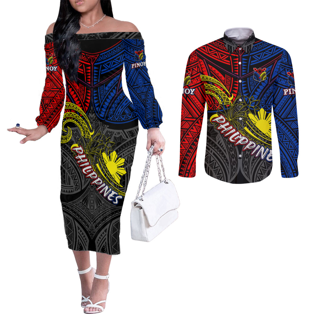 Philippines Half Sleeve Tattoo Couples Matching Off The Shoulder Long Sleeve Dress and Long Sleeve Button Shirt Pinoy Filipinos Sun DT02 Art - Polynesian Pride