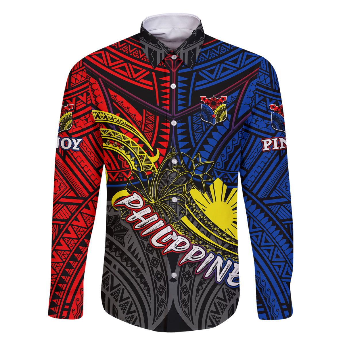 Philippines Half Sleeve Tattoo Family Matching Off Shoulder Long Sleeve Dress and Hawaiian Shirt Pinoy Filipinos Sun DT02 Dad's Shirt - Long Sleeve Art - Polynesian Pride