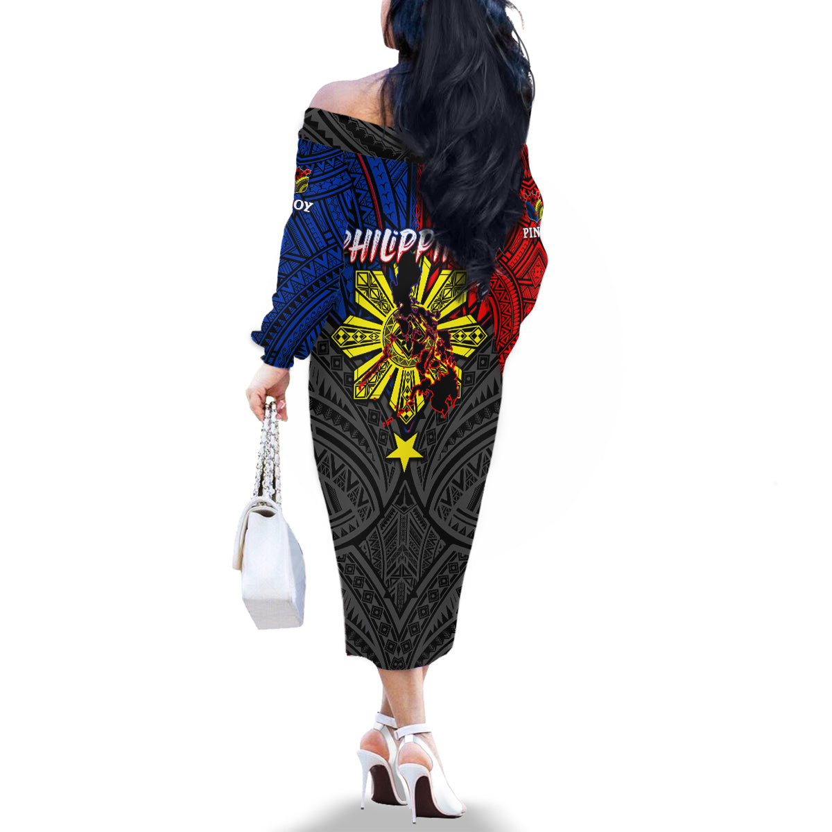Philippines Half Sleeve Tattoo Family Matching Off Shoulder Long Sleeve Dress and Hawaiian Shirt Pinoy Filipinos Sun DT02 - Polynesian Pride