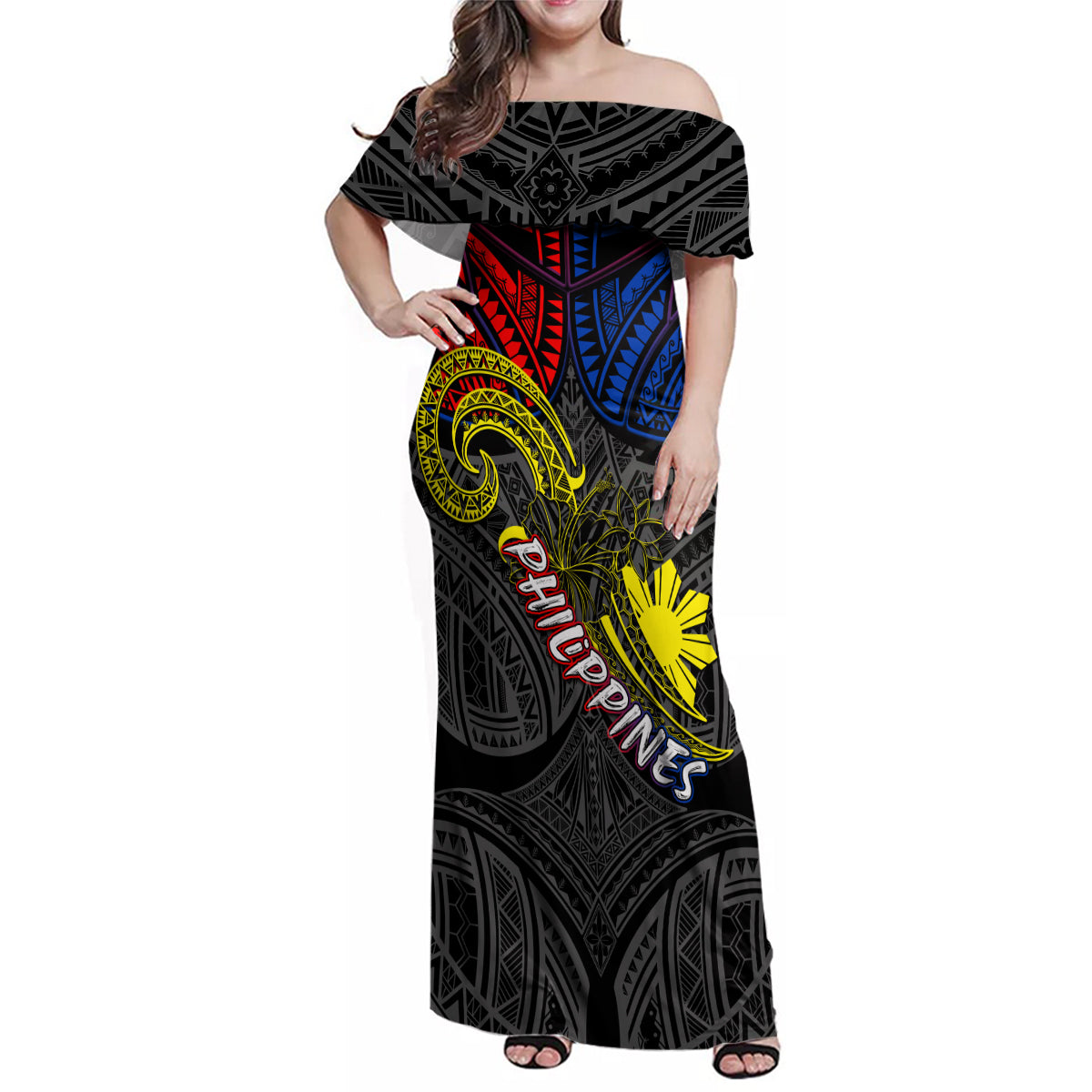Philippines Half Sleeve Tattoo Family Matching Off Shoulder Maxi Dress and Hawaiian Shirt Pinoy Filipinos Sun DT02 Mom's Dress Art - Polynesian Pride