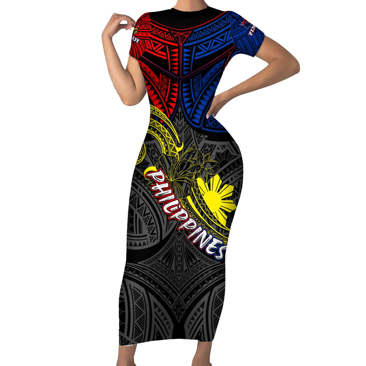 Philippines Half Sleeve Tattoo Short Sleeve Bodycon Dress Pinoy Filipinos Sun DT02