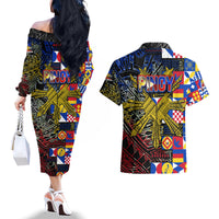 Pinoy Philippines Couples Matching Off The Shoulder Long Sleeve Dress and Hawaiian Shirt Filipino Tattoo Art Style DT02 - Polynesian Pride