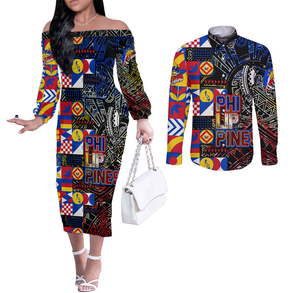 Pinoy Philippines Couples Matching Off The Shoulder Long Sleeve Dress and Long Sleeve Button Shirt Filipino Tattoo Art Style DT02 Art - Polynesian Pride