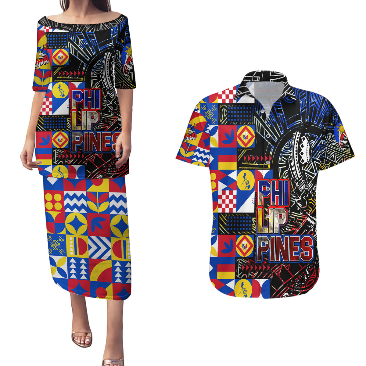 Pinoy Philippines Couples Matching Puletasi Dress and Hawaiian Shirt Filipino Tattoo Art Style DT02 Art - Polynesian Pride