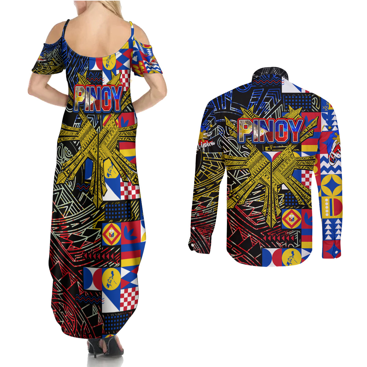 Pinoy Philippines Couples Matching Summer Maxi Dress and Long Sleeve Button Shirt Filipino Tattoo Art Style DT02 - Polynesian Pride