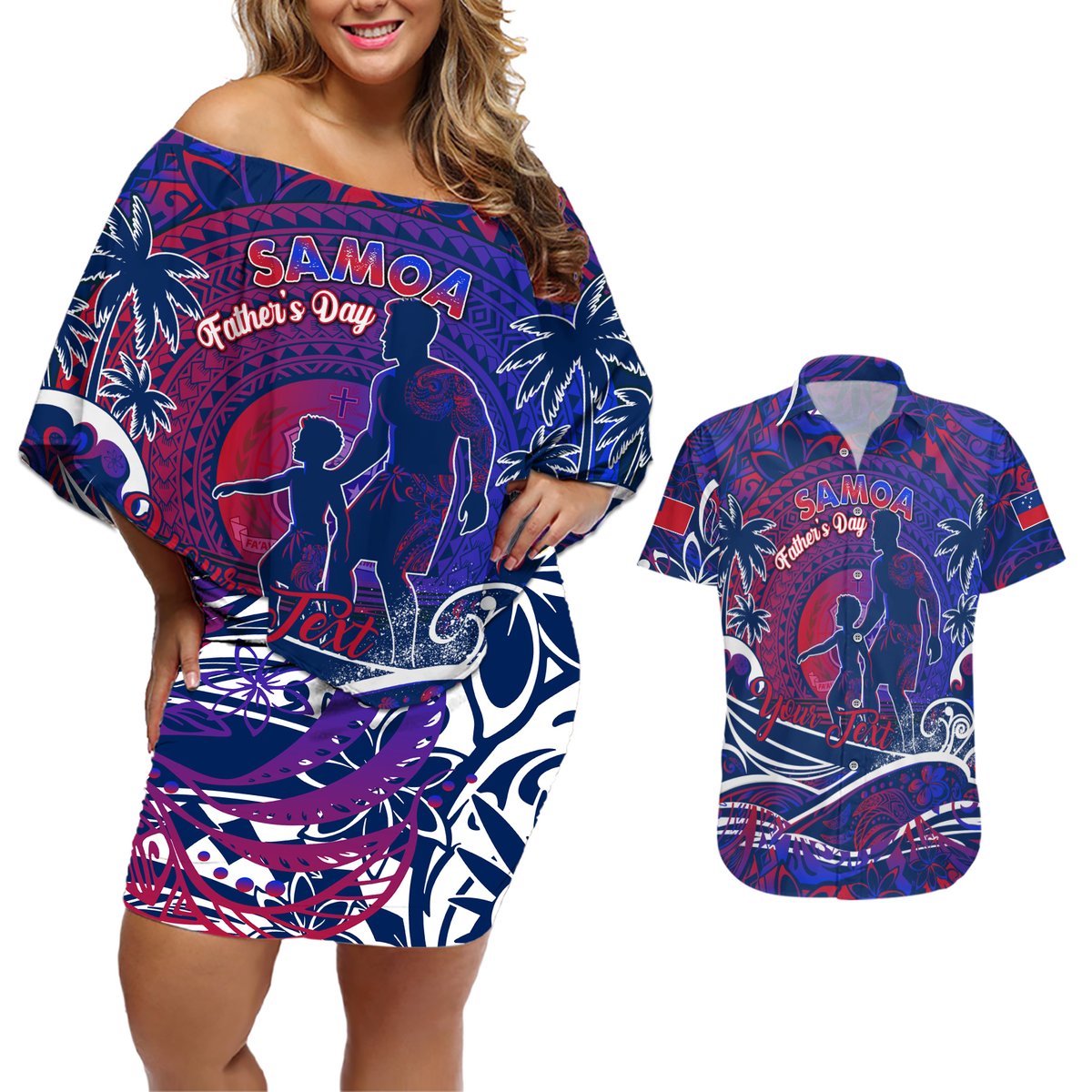 Father's Day Samoa Couples Matching Off Shoulder Short Dress and Hawaiian Shirt Special Dad Polynesia Paradise DT02 Green - Polynesian Pride