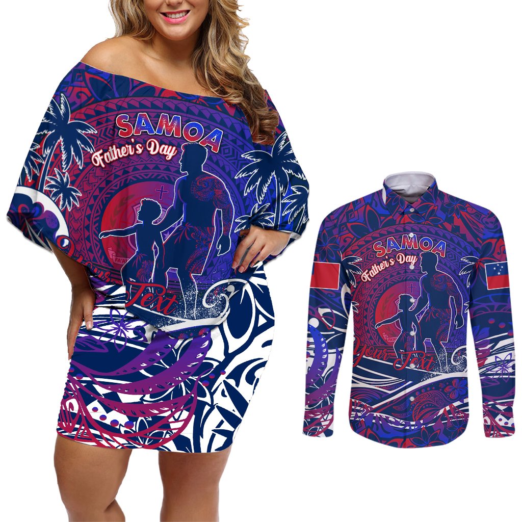 Father's Day Samoa Couples Matching Off Shoulder Short Dress and Long Sleeve Button Shirt Special Dad Polynesia Paradise DT02 Green - Polynesian Pride