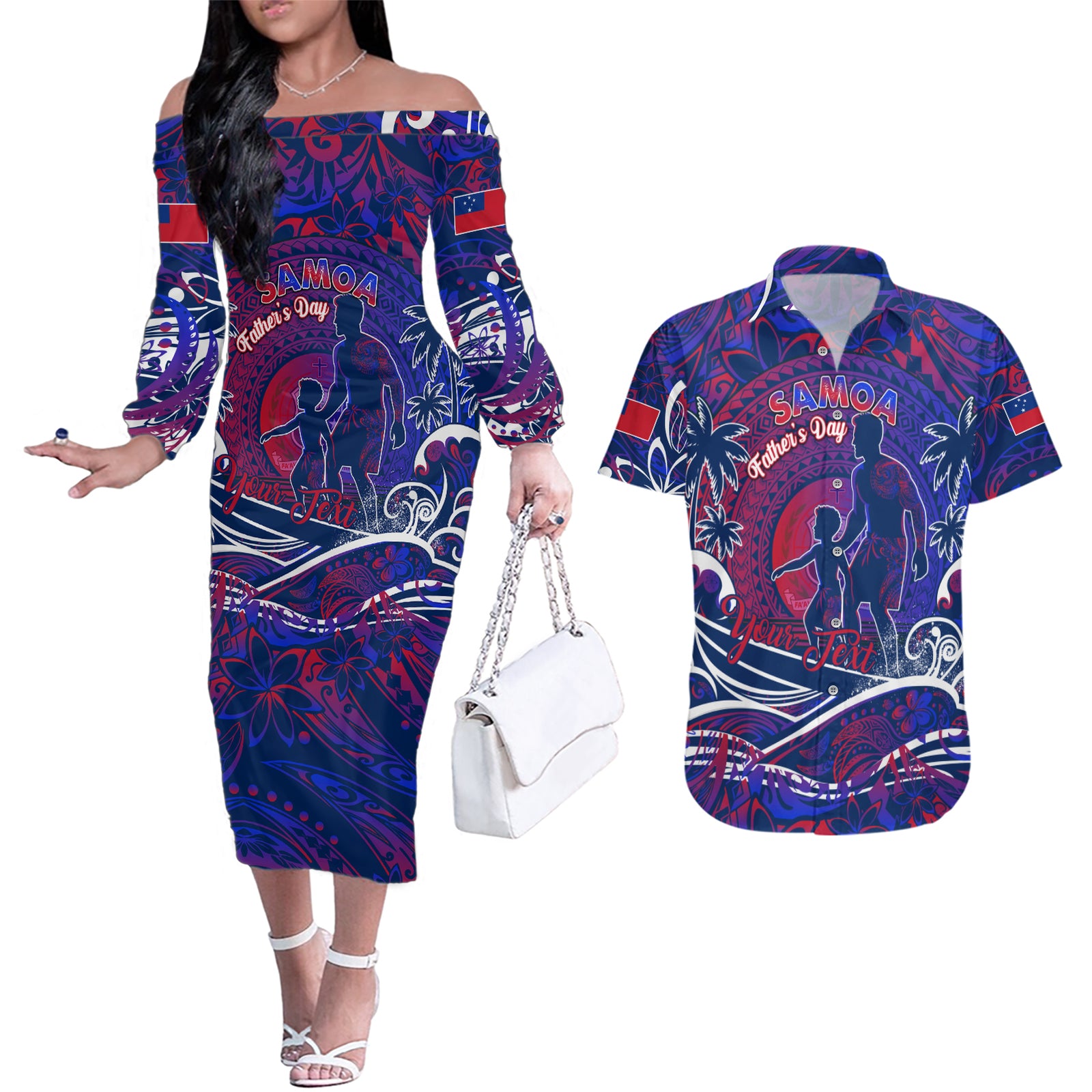 Father's Day Samoa Couples Matching Off The Shoulder Long Sleeve Dress and Hawaiian Shirt Special Dad Polynesia Paradise DT02 Green - Polynesian Pride