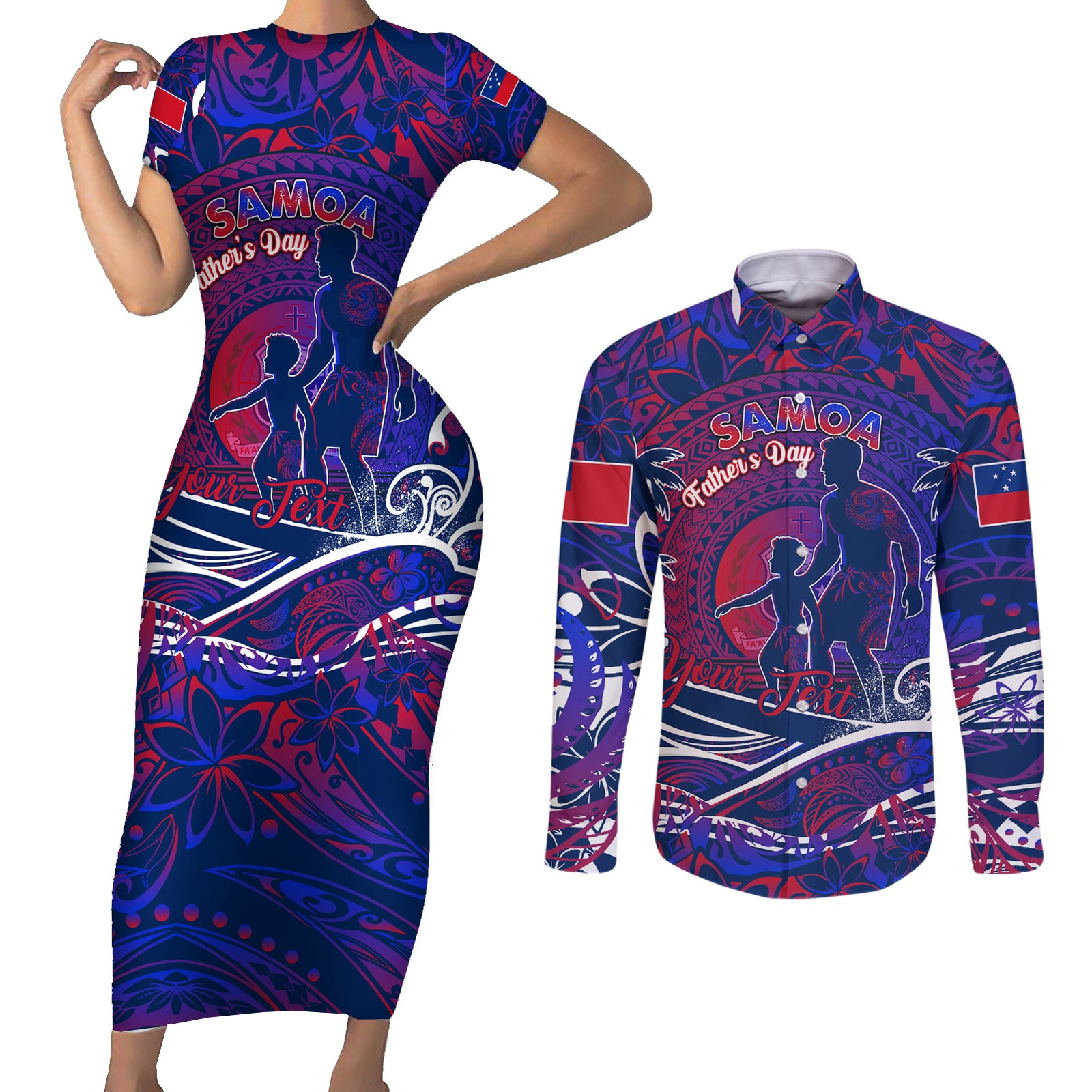 Father's Day Samoa Couples Matching Short Sleeve Bodycon Dress and Long Sleeve Button Shirt Special Dad Polynesia Paradise DT02 Green - Polynesian Pride