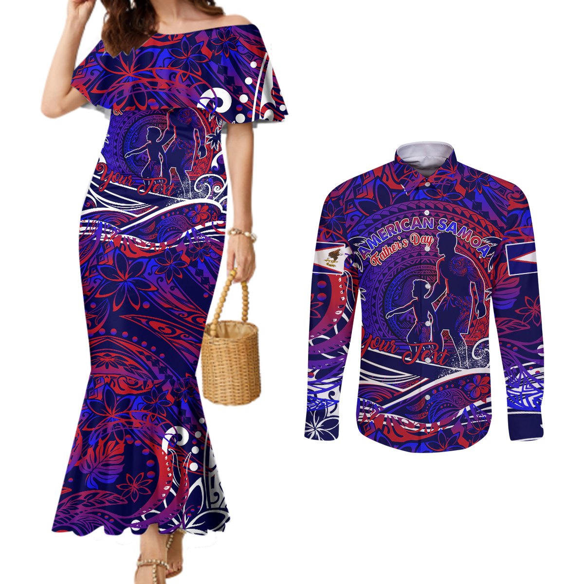 Father's Day American Samoa Couples Matching Mermaid Dress and Long Sleeve Button Shirt Special Dad Polynesia Paradise DT02 Blue - Polynesian Pride