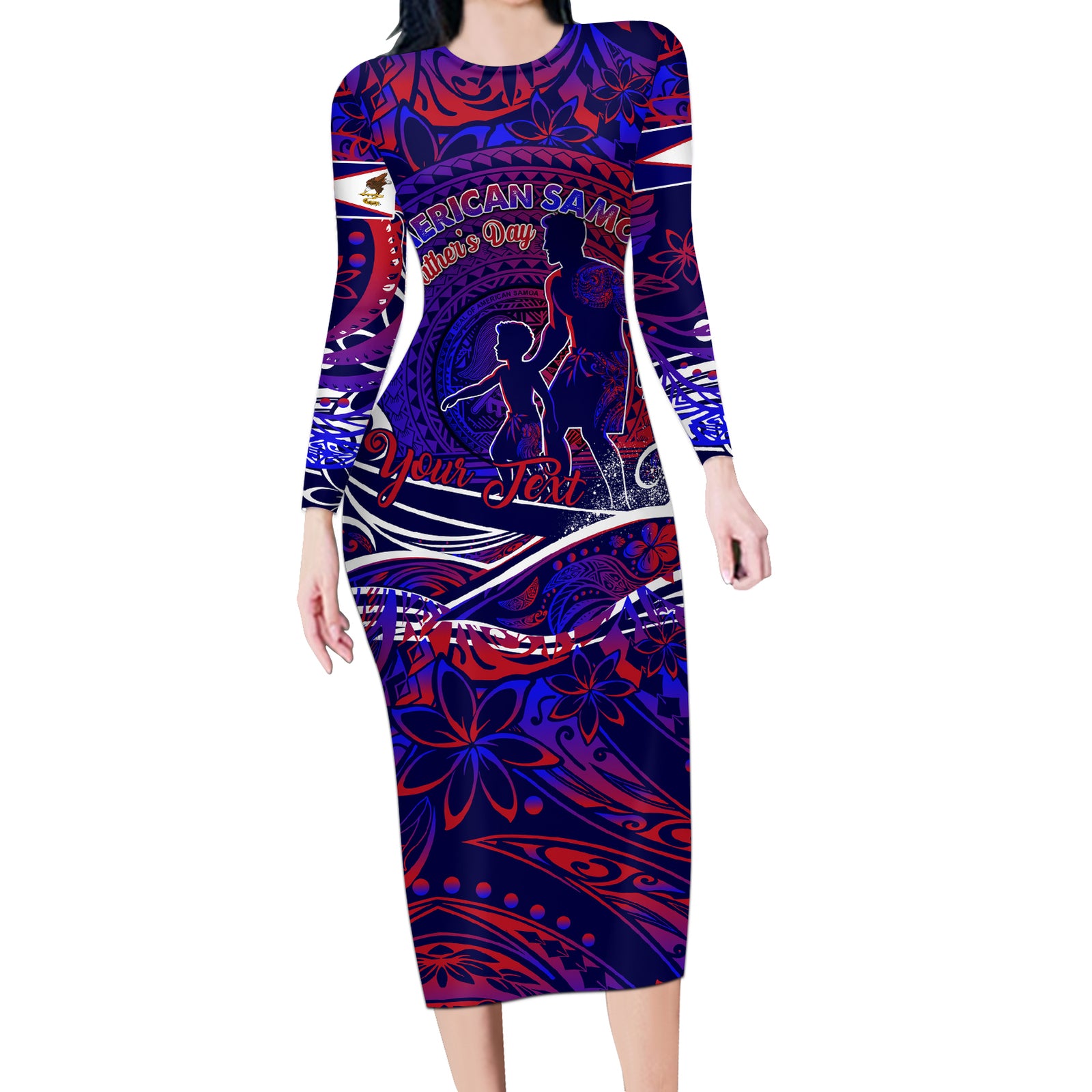 Father's Day American Samoa Long Sleeve Bodycon Dress Special Dad Polynesia Paradise DT02 Long Dress Blue - Polynesian Pride