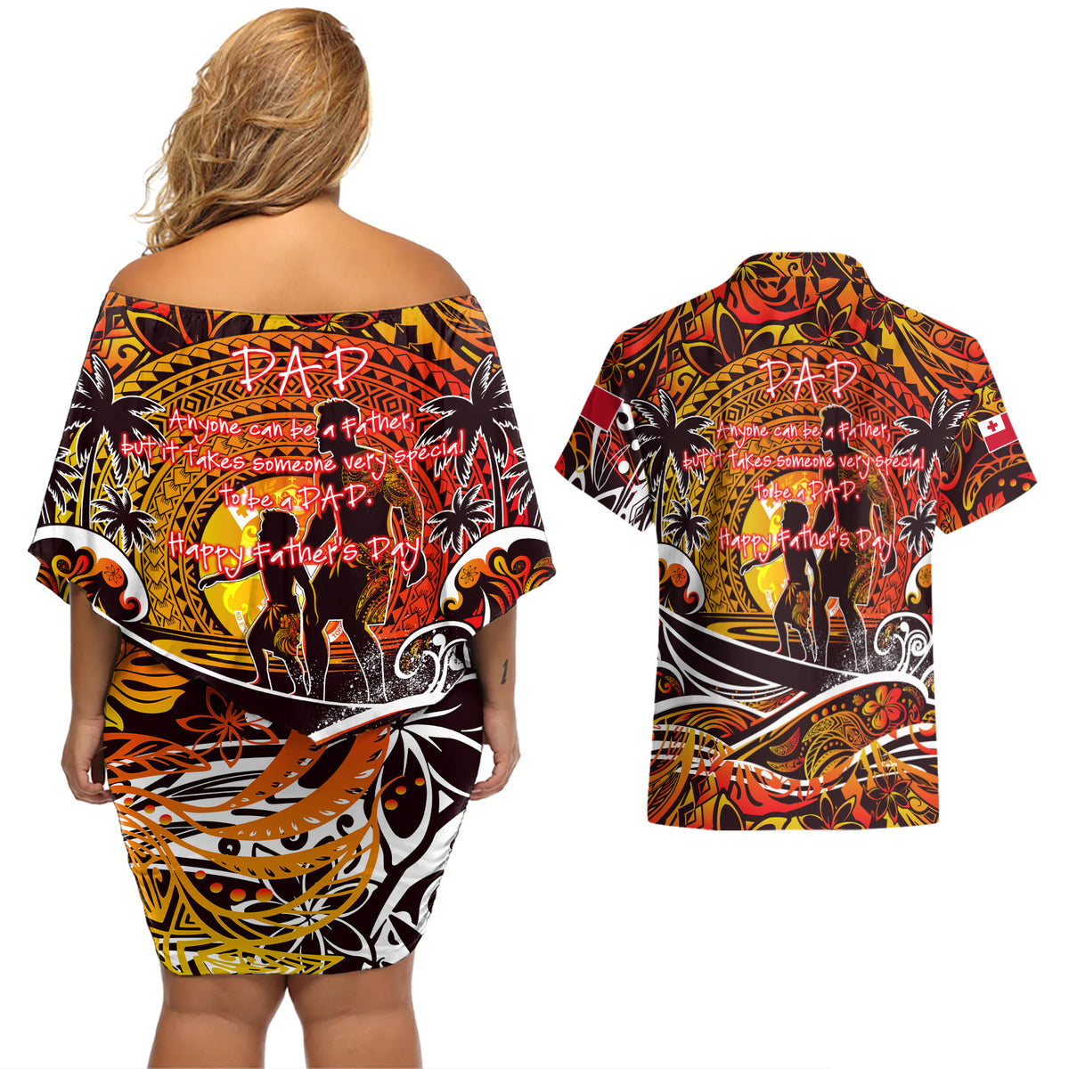 Father's Day Tonga Couples Matching Off Shoulder Short Dress and Hawaiian Shirt Special Dad Polynesia Paradise