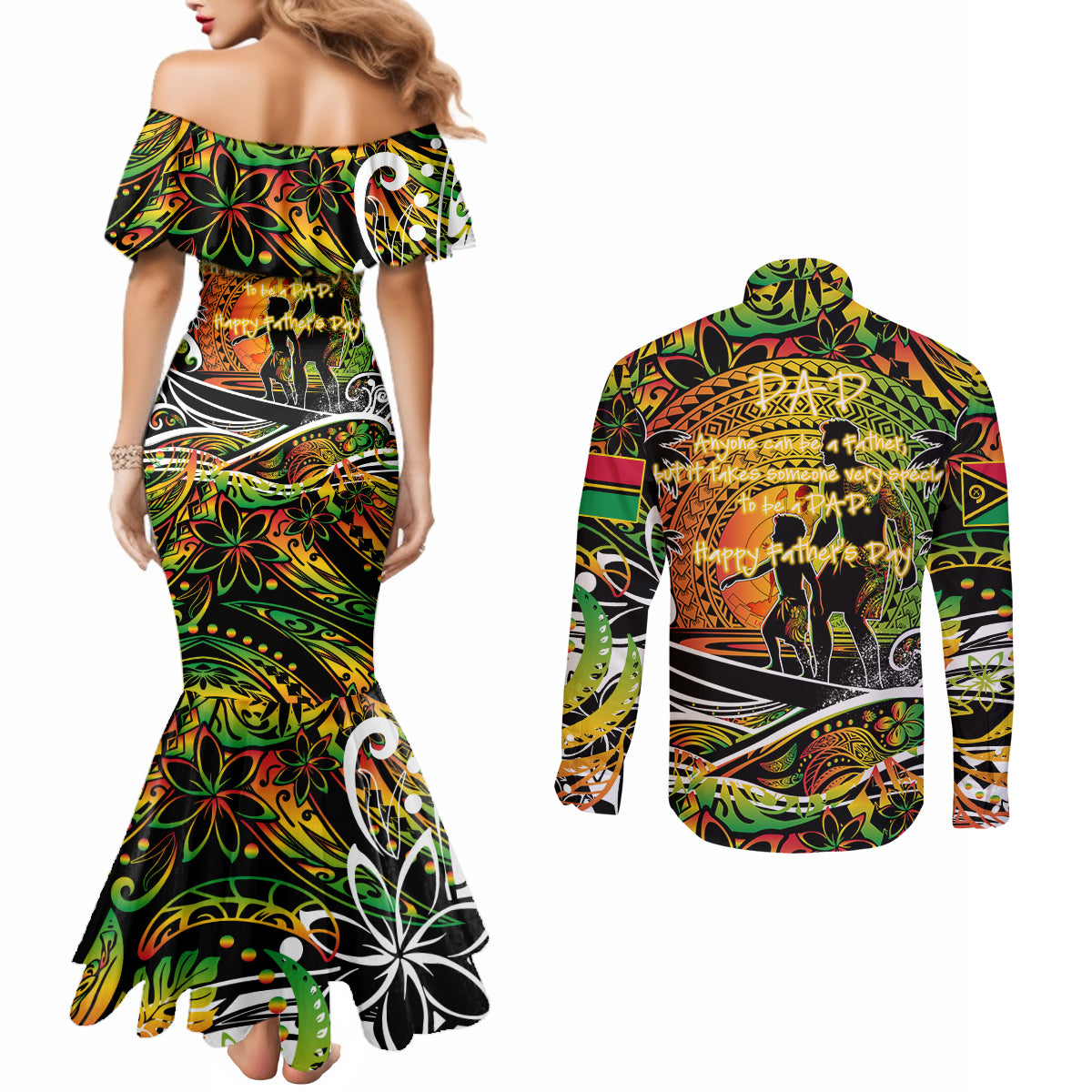 Father's Day Vanuatu Couples Matching Mermaid Dress and Long Sleeve Button Shirt Special Dad Polynesia Paradise