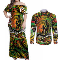 Father's Day Vanuatu Couples Matching Off Shoulder Maxi Dress and Long Sleeve Button Shirt Special Dad Polynesia Paradise