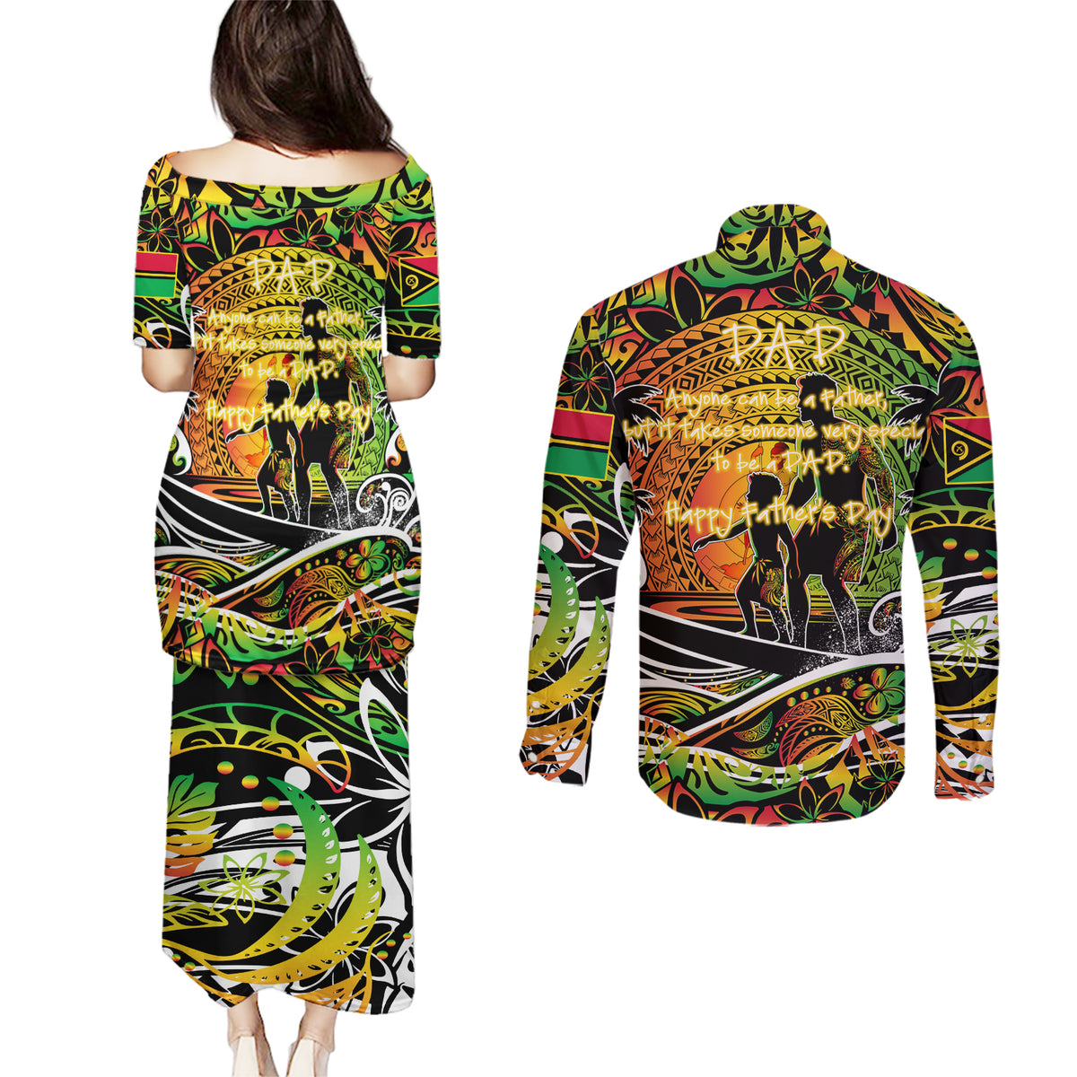 Father's Day Vanuatu Couples Matching Puletasi and Long Sleeve Button Shirt Special Dad Polynesia Paradise