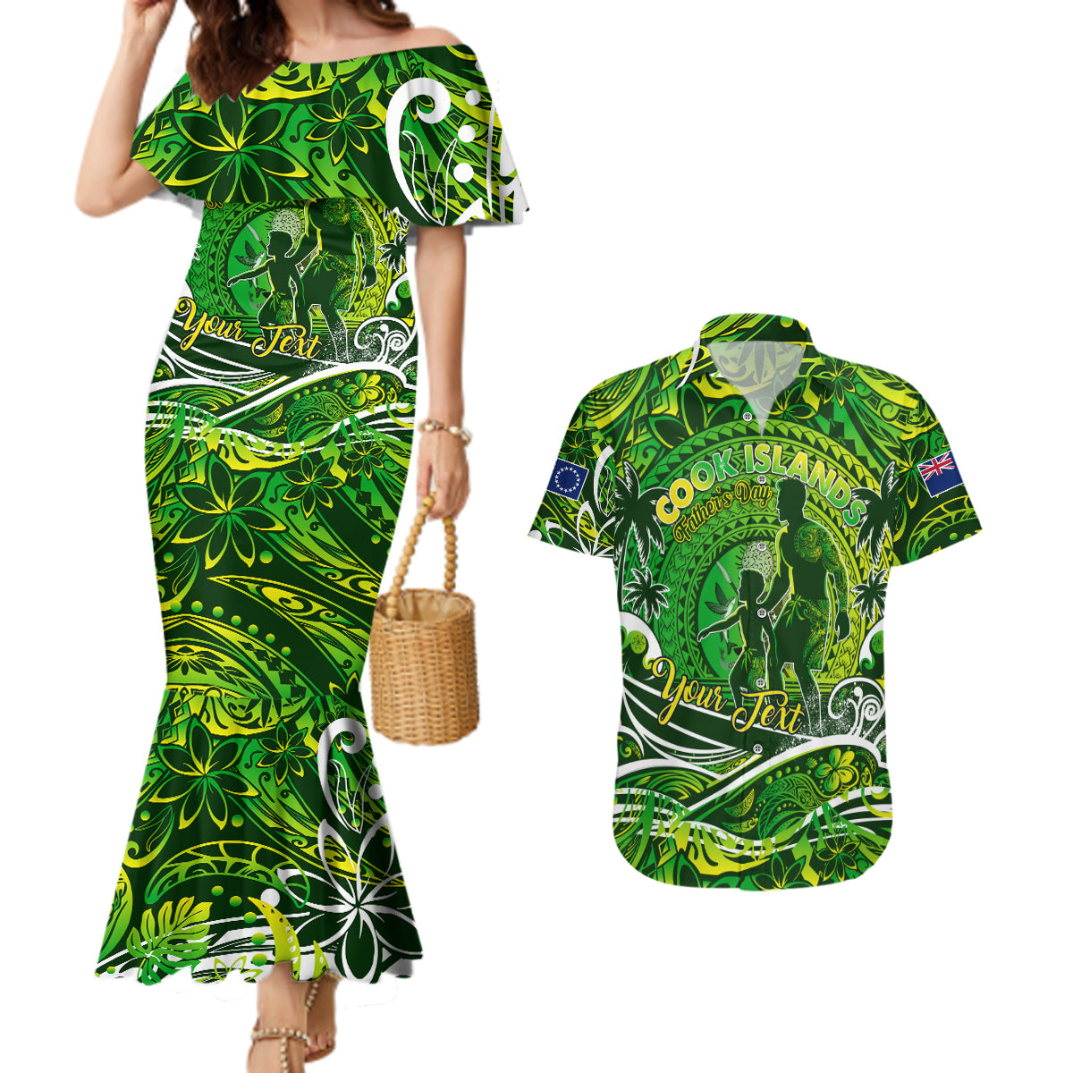 Father's Day Cook Islands Couples Matching Mermaid Dress and Hawaiian Shirt Special Dad Polynesia Paradise