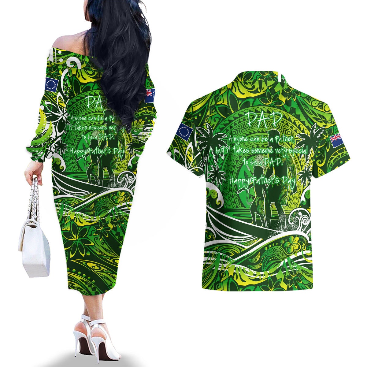 Father's Day Cook Islands Couples Matching Off The Shoulder Long Sleeve Dress and Hawaiian Shirt Special Dad Polynesia Paradise