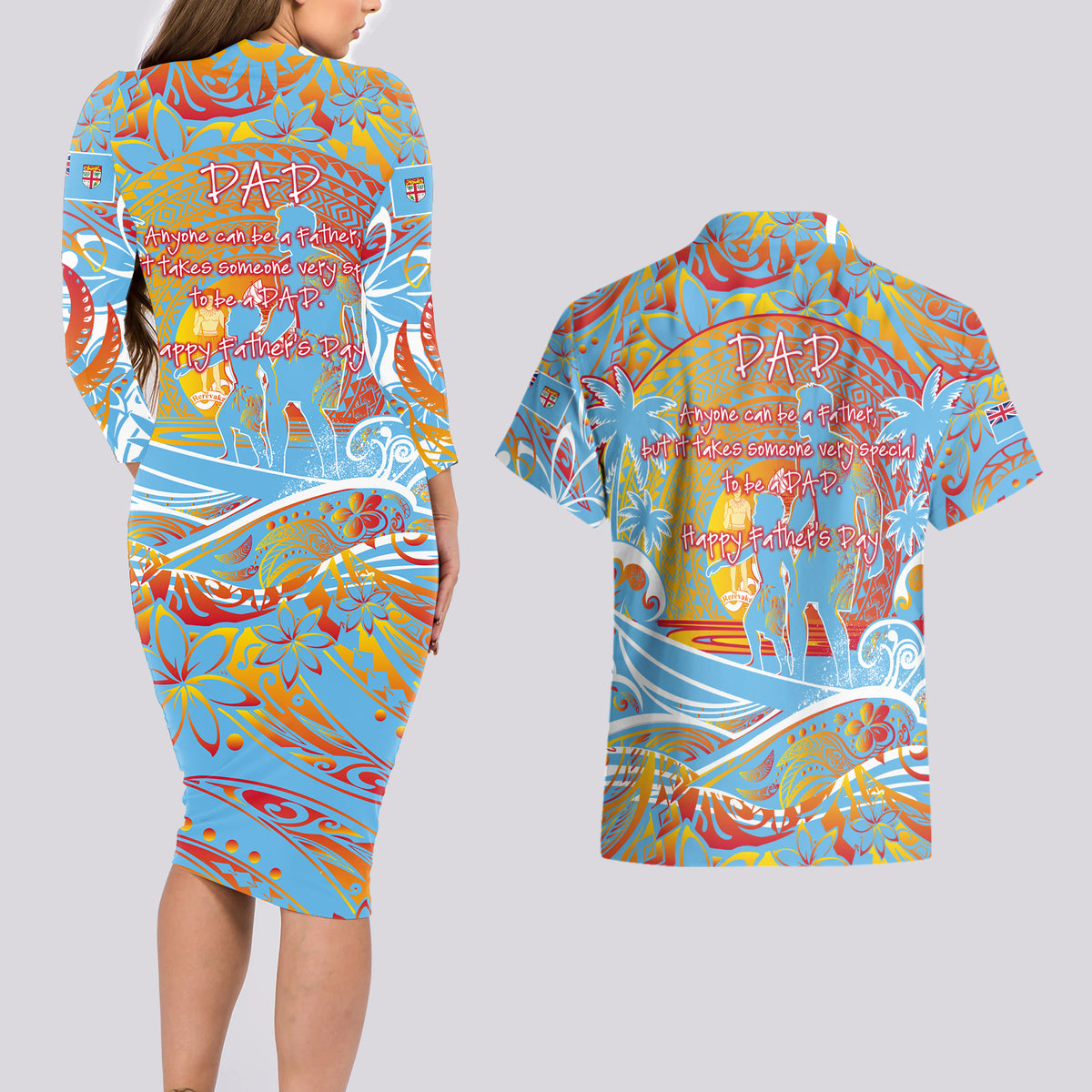 Father's Day Fiji Couples Matching Long Sleeve Bodycon Dress and Hawaiian Shirt Special Dad Polynesia Paradise