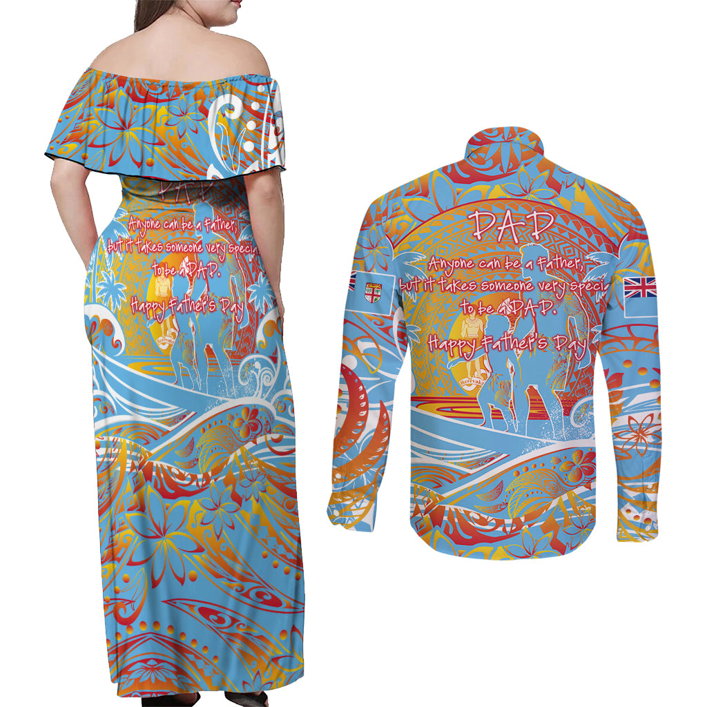 Father's Day Fiji Couples Matching Off Shoulder Maxi Dress and Long Sleeve Button Shirt Special Dad Polynesia Paradise
