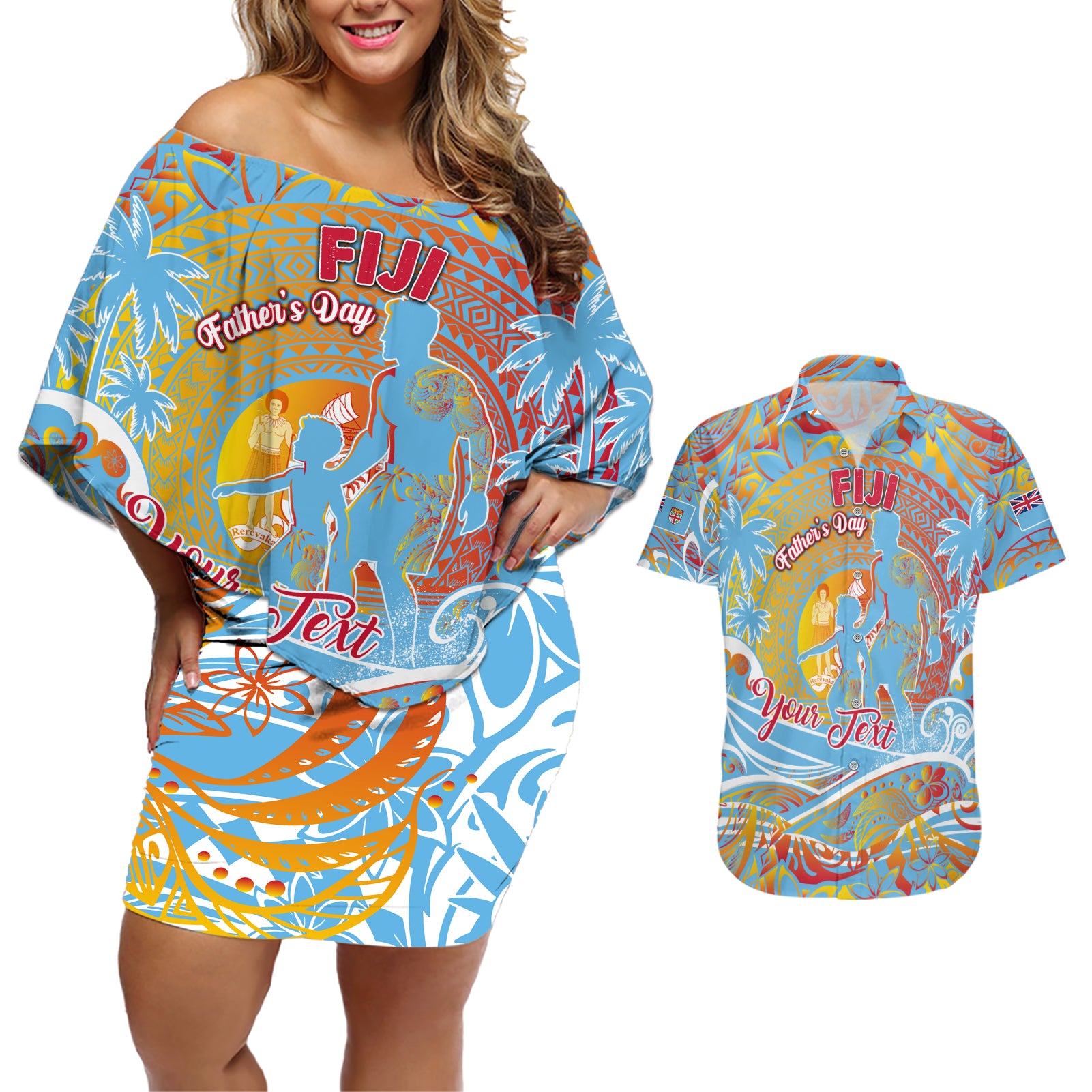 Father's Day Fiji Couples Matching Off Shoulder Short Dress and Hawaiian Shirt Special Dad Polynesia Paradise