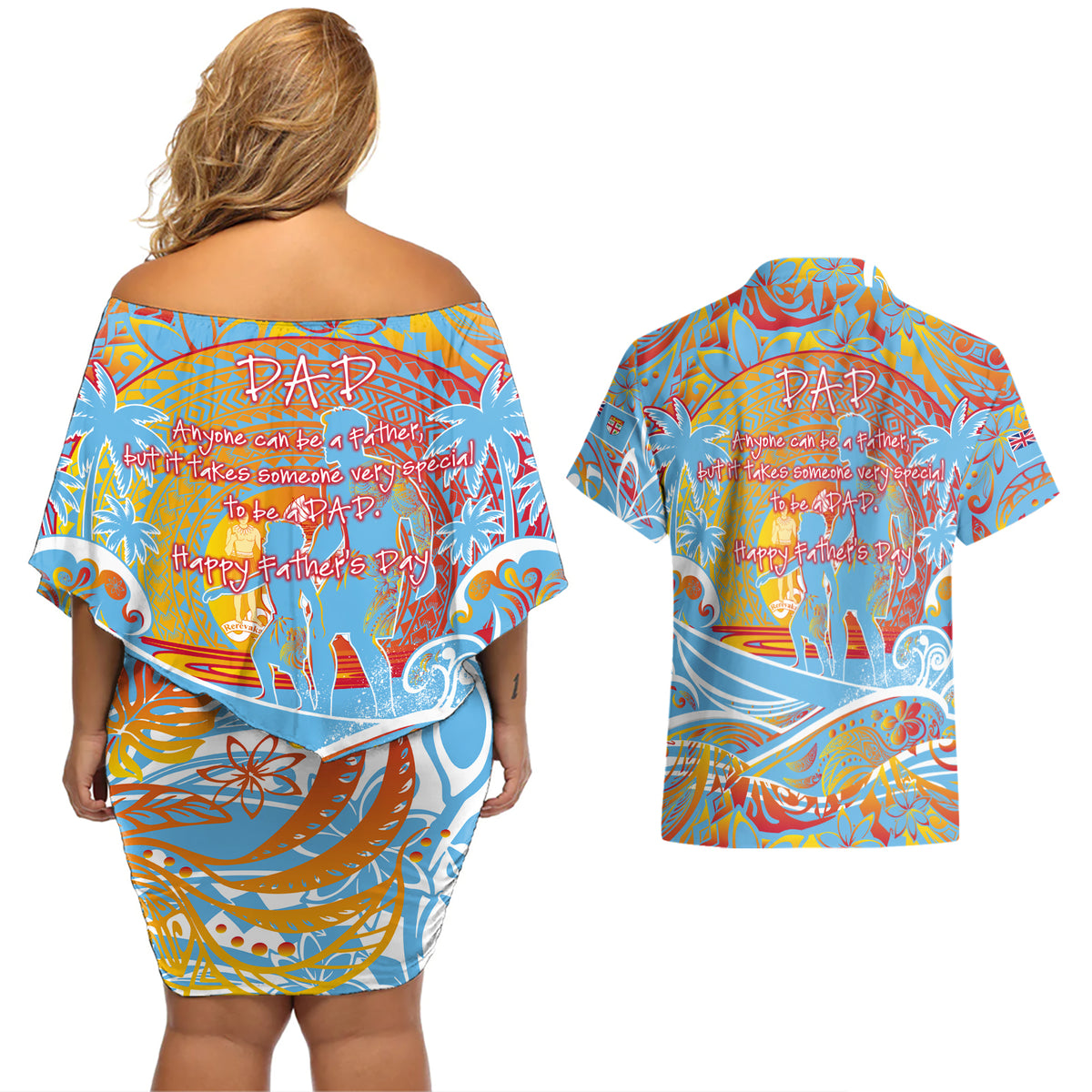 Father's Day Fiji Couples Matching Off Shoulder Short Dress and Hawaiian Shirt Special Dad Polynesia Paradise