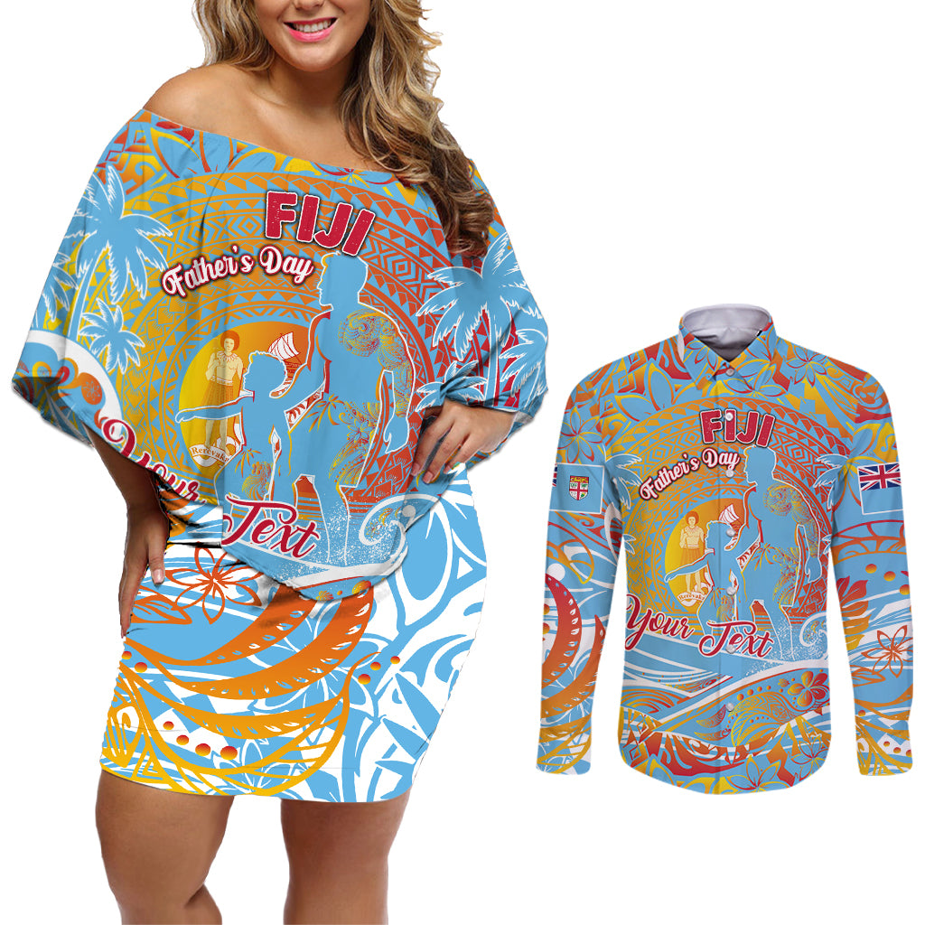 Father's Day Fiji Couples Matching Off Shoulder Short Dress and Long Sleeve Button Shirt Special Dad Polynesia Paradise