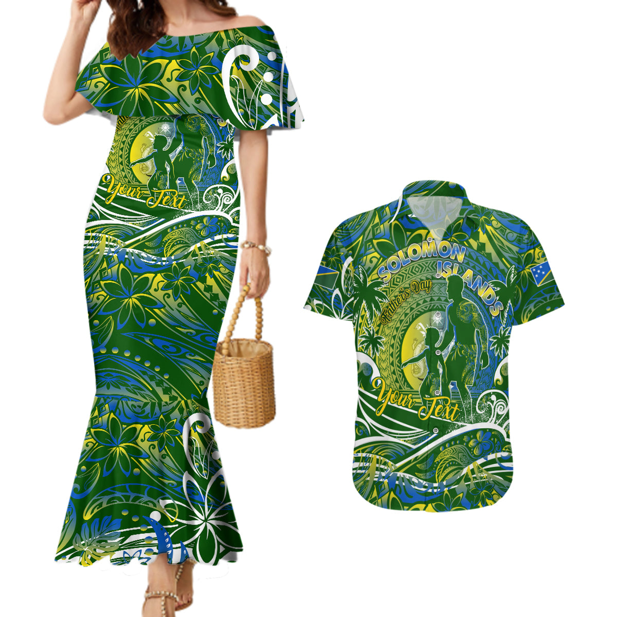 Father's Day Solomon Islands Couples Matching Mermaid Dress and Hawaiian Shirt Special Dad Polynesia Paradise