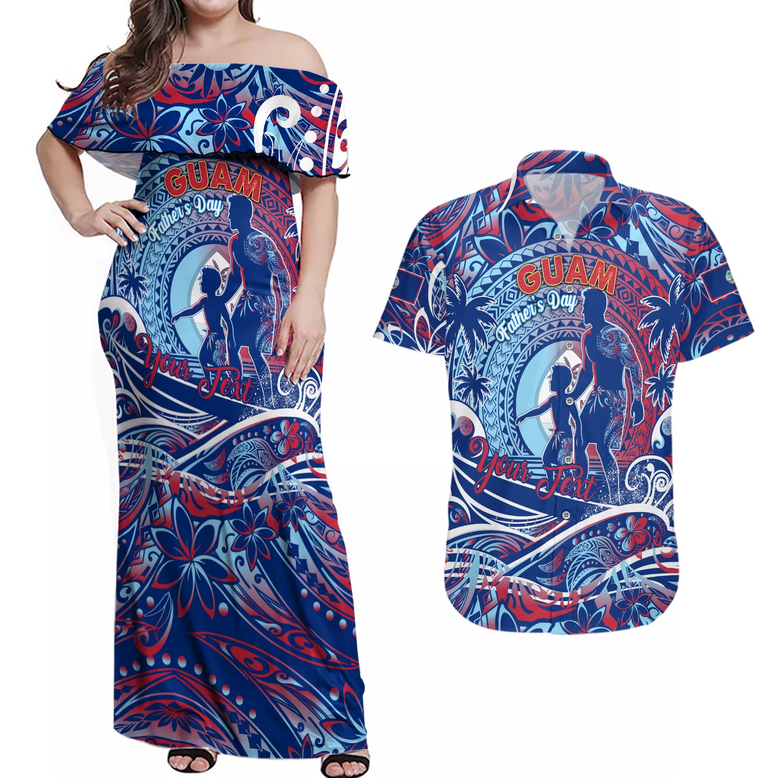 Father's Day Guam Couples Matching Off Shoulder Maxi Dress and Hawaiian Shirt Special Dad Polynesia Paradise