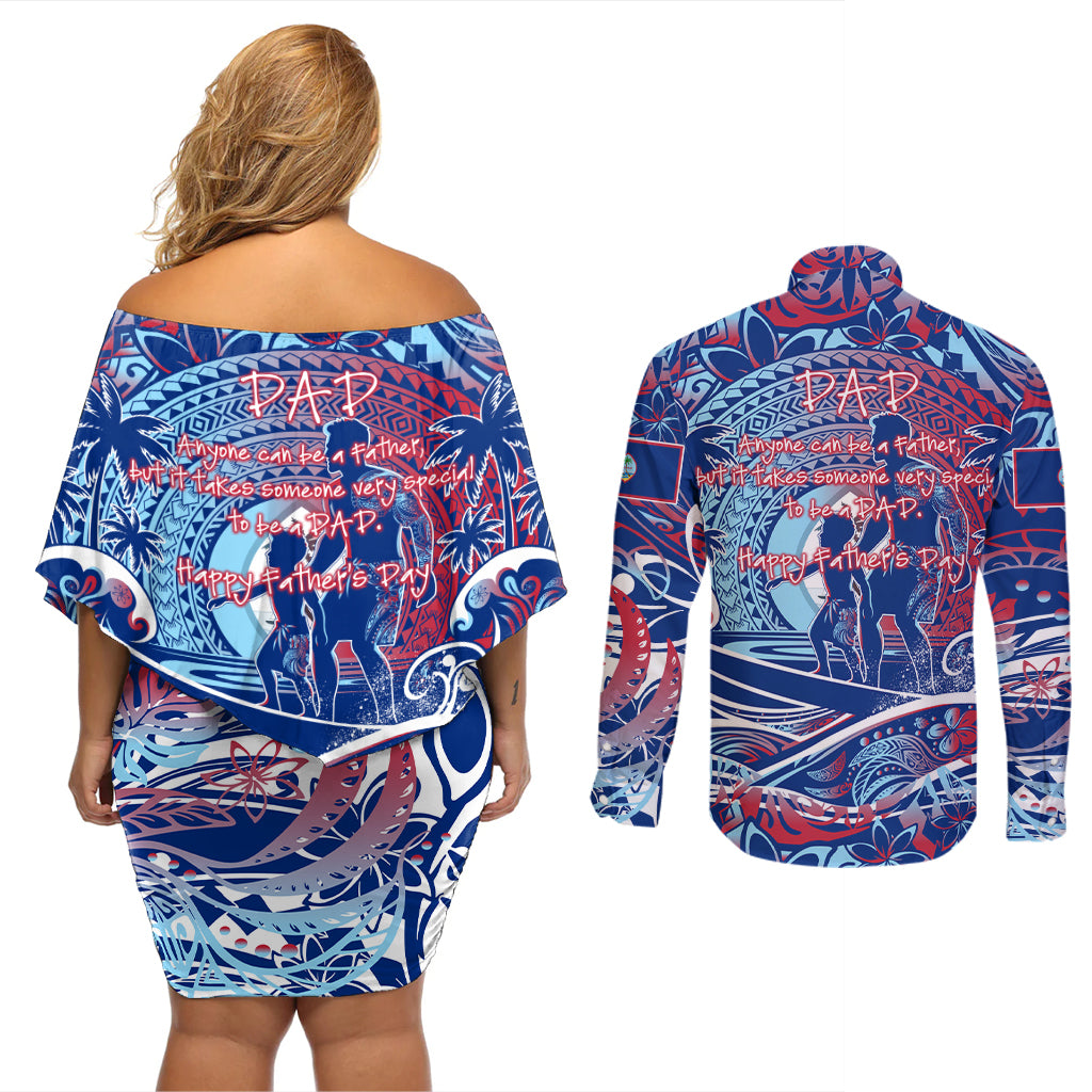 Father's Day Guam Couples Matching Off Shoulder Short Dress and Long Sleeve Button Shirt Special Dad Polynesia Paradise