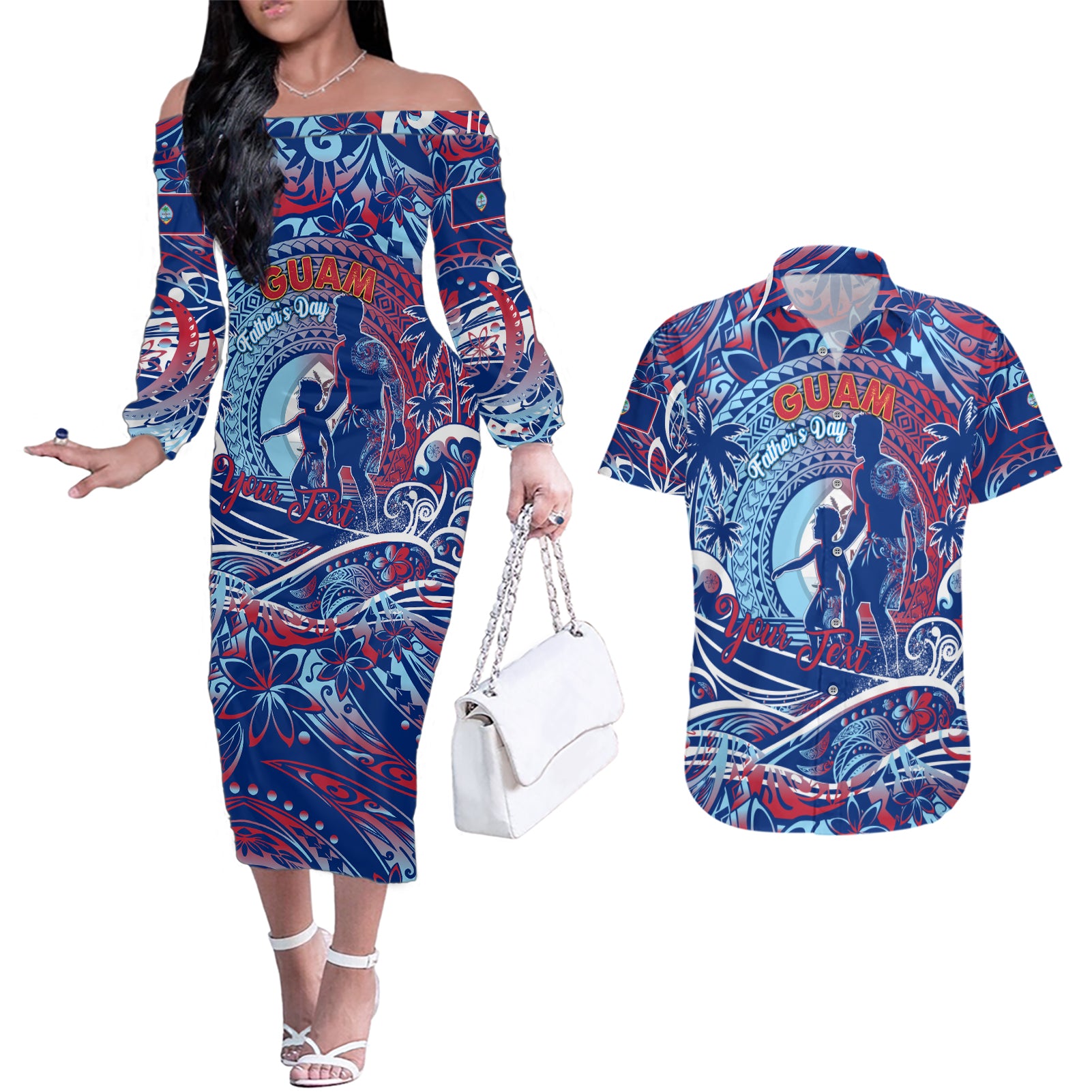 Father's Day Guam Couples Matching Off The Shoulder Long Sleeve Dress and Hawaiian Shirt Special Dad Polynesia Paradise