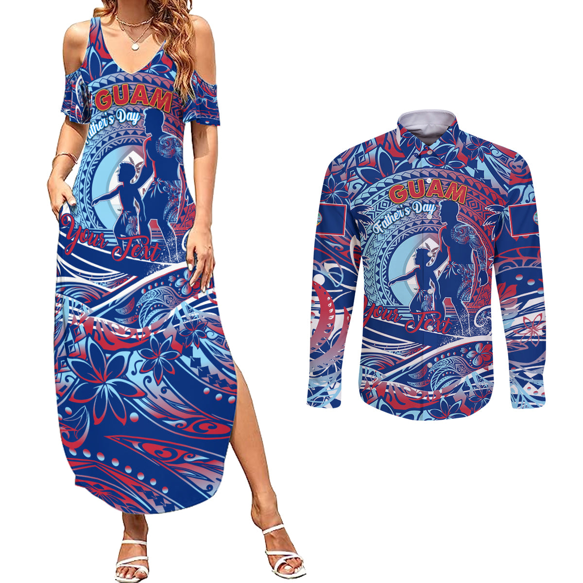 Father's Day Guam Couples Matching Summer Maxi Dress and Long Sleeve Button Shirt Special Dad Polynesia Paradise