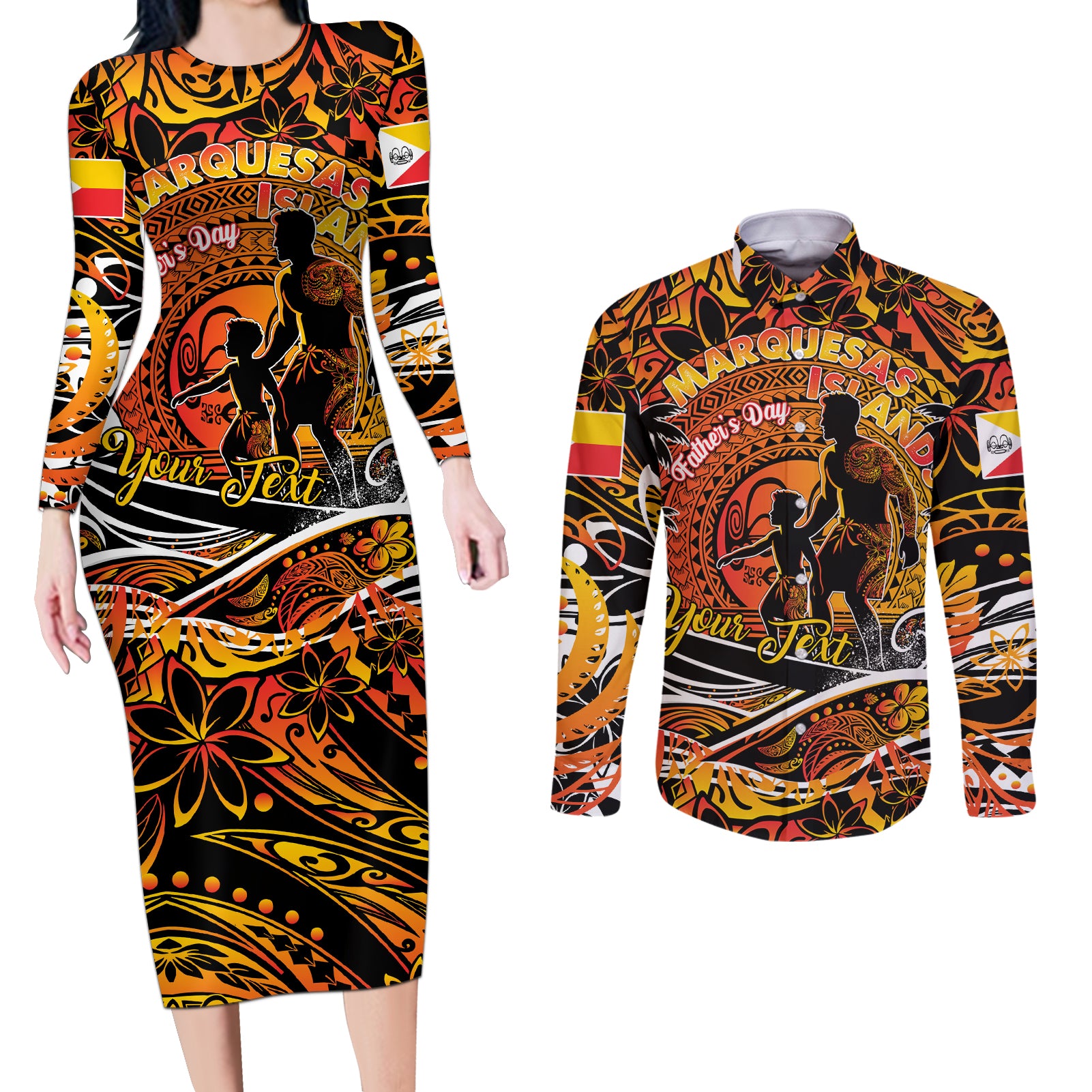 Father's Day Marquesas Islands Couples Matching Long Sleeve Bodycon Dress and Long Sleeve Button Shirt Special Dad Polynesia Paradise
