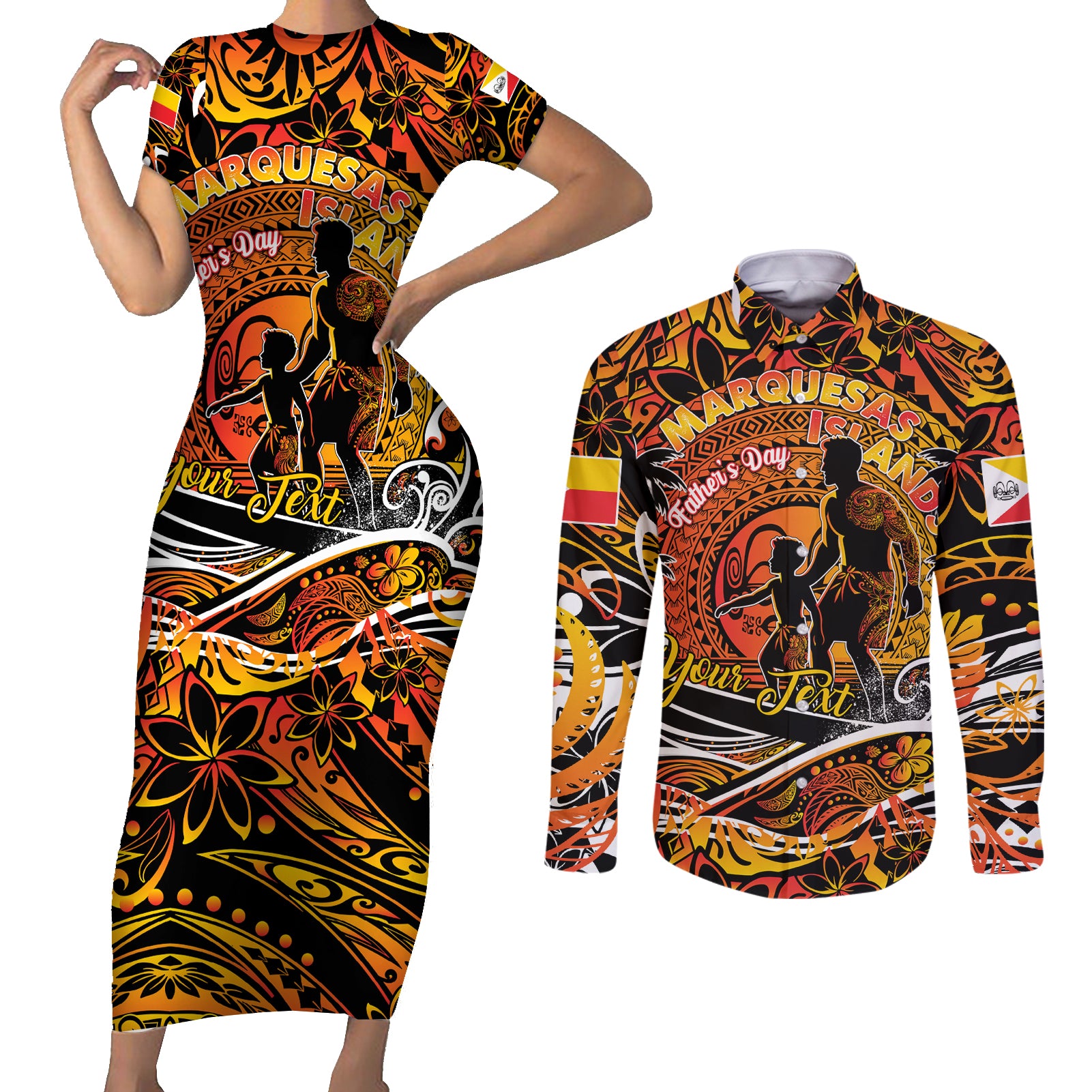 Father's Day Marquesas Islands Couples Matching Short Sleeve Bodycon Dress and Long Sleeve Button Shirt Special Dad Polynesia Paradise