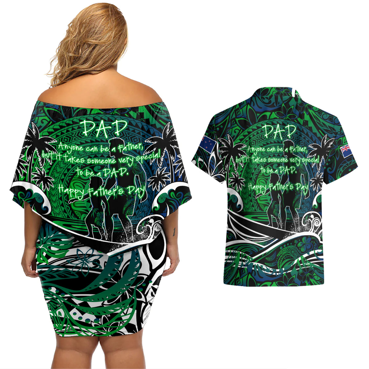 Father's Day New Zealand Couples Matching Off Shoulder Short Dress and Hawaiian Shirt Special Dad Polynesia Paradise