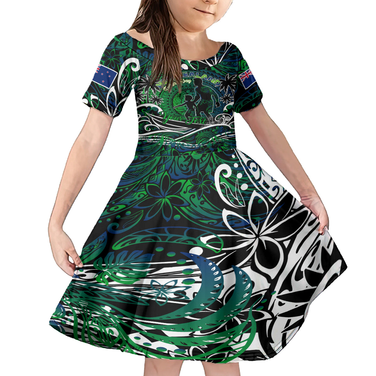 Father's Day New Zealand Family Matching Long Sleeve Bodycon Dress and Hawaiian Shirt Special Dad Polynesia Paradise DT02 Daughter's Dress Green - Polynesian Pride