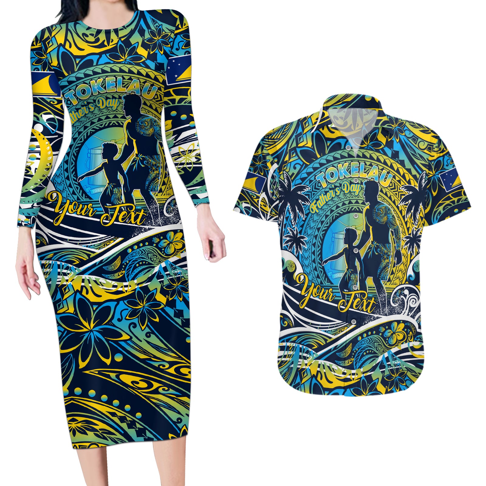 Father's Day Tokelau Couples Matching Long Sleeve Bodycon Dress and Hawaiian Shirt Special Dad Polynesia Paradise DT02 Blue - Polynesian Pride