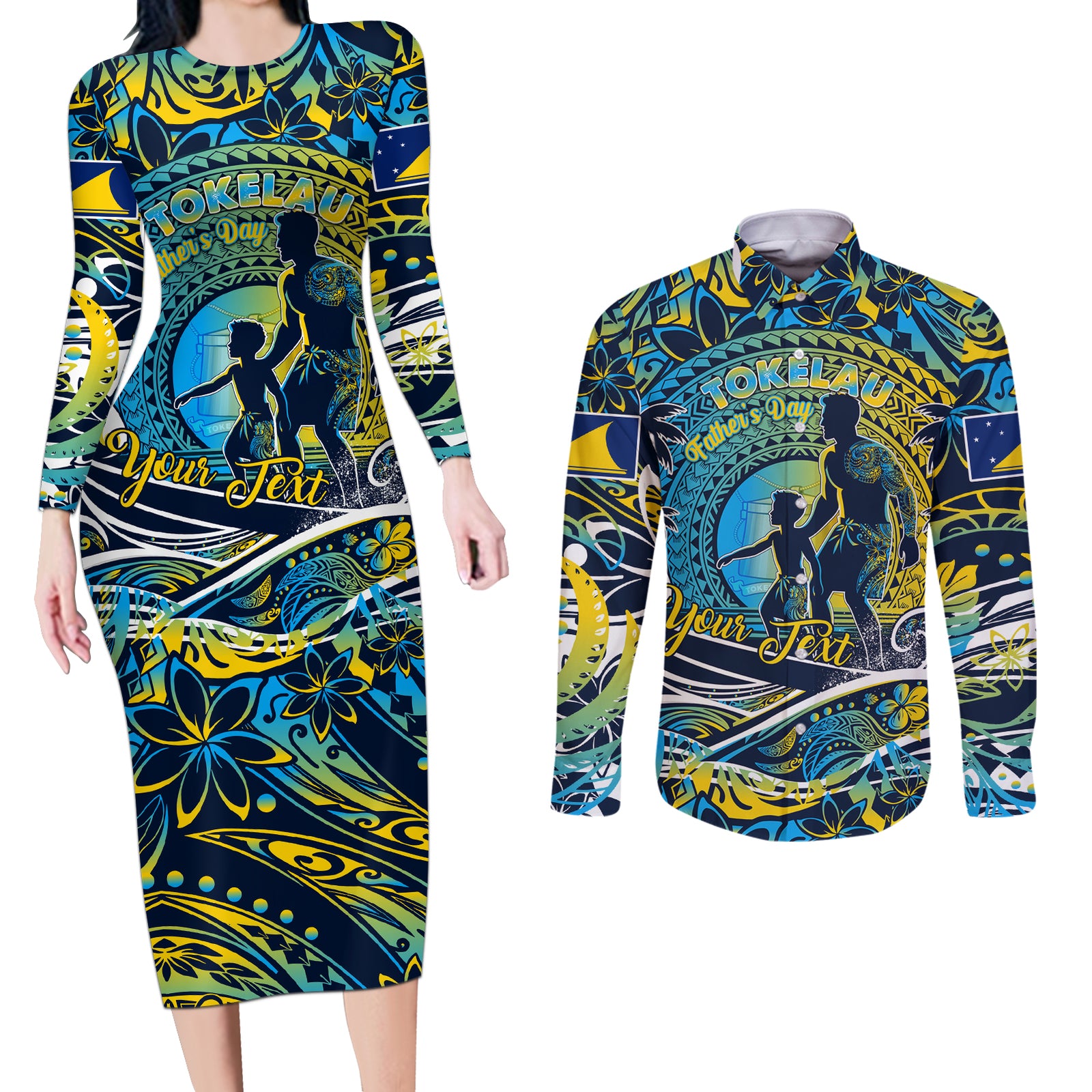 Father's Day Tokelau Couples Matching Long Sleeve Bodycon Dress and Long Sleeve Button Shirt Special Dad Polynesia Paradise DT02 Blue - Polynesian Pride