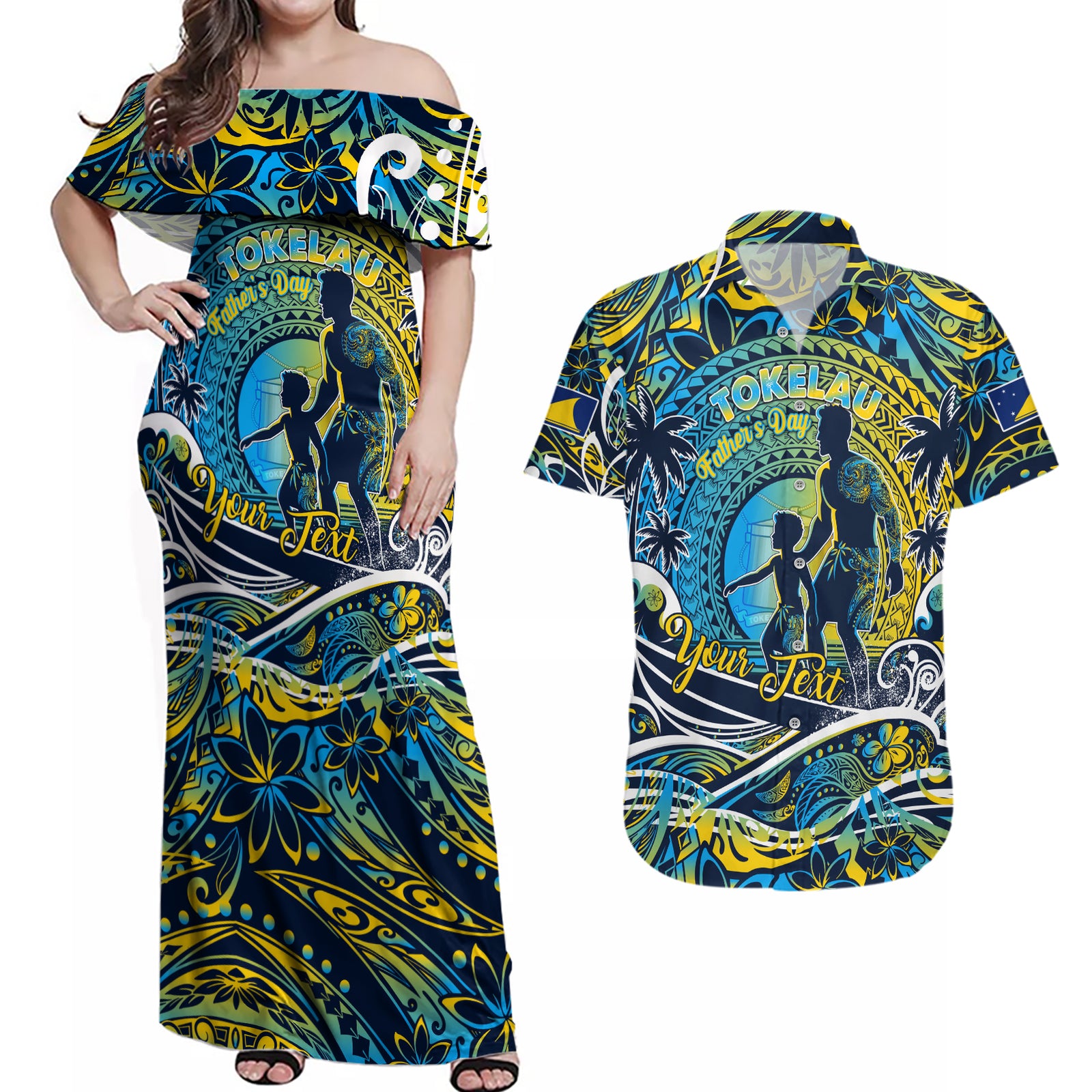 Father's Day Tokelau Couples Matching Off Shoulder Maxi Dress and Hawaiian Shirt Special Dad Polynesia Paradise DT02 Blue - Polynesian Pride