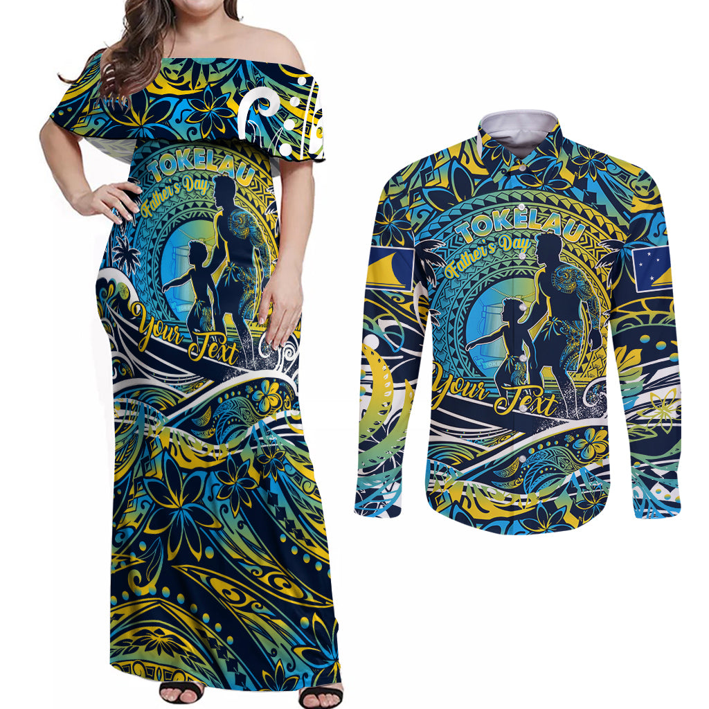Father's Day Tokelau Couples Matching Off Shoulder Maxi Dress and Long Sleeve Button Shirt Special Dad Polynesia Paradise DT02 Blue - Polynesian Pride