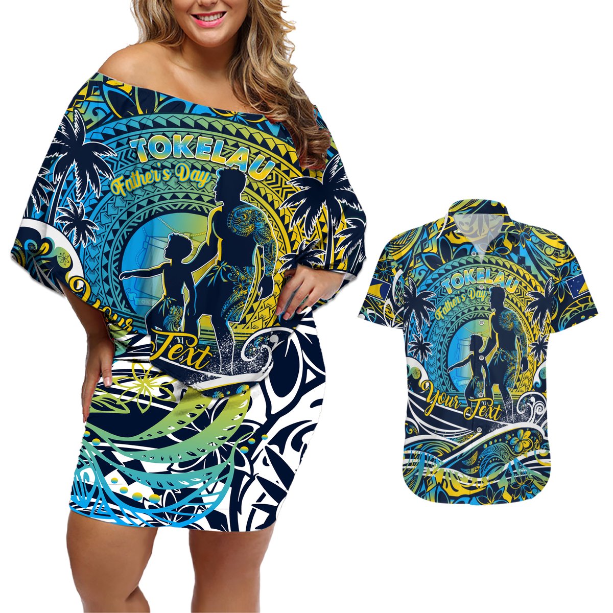 Father's Day Tokelau Couples Matching Off Shoulder Short Dress and Hawaiian Shirt Special Dad Polynesia Paradise DT02 Blue - Polynesian Pride
