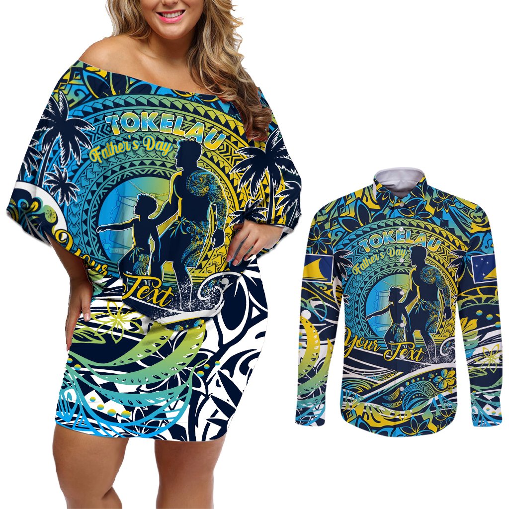 Father's Day Tokelau Couples Matching Off Shoulder Short Dress and Long Sleeve Button Shirt Special Dad Polynesia Paradise DT02 Blue - Polynesian Pride