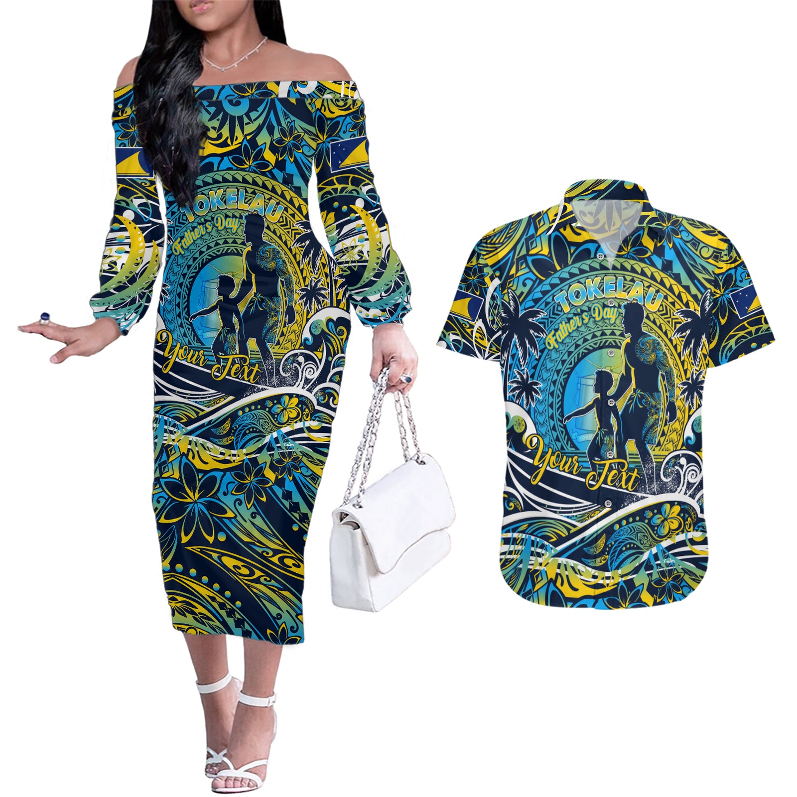 Father's Day Tokelau Couples Matching Off The Shoulder Long Sleeve Dress and Hawaiian Shirt Special Dad Polynesia Paradise DT02 Blue - Polynesian Pride